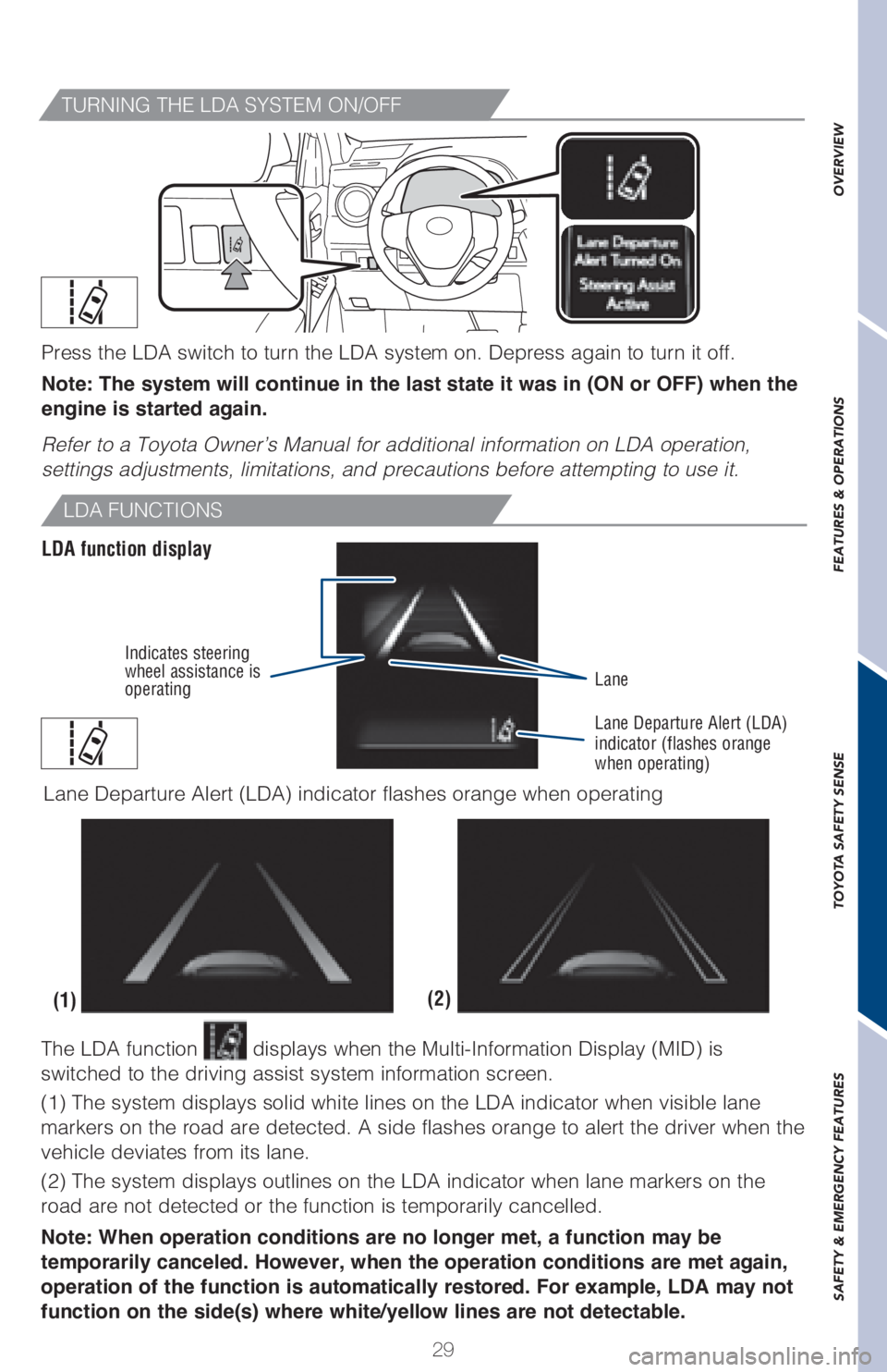 TOYOTA RAV4 2018  Owners Manual (in English) 29
OVERVIEW FEATURES & OPERATIONS TOYOTA SAFETY SENSE SAFETY & EMERGENCY FEATURES
LDA FUNCTIONS
LDA function display
Lane
Lane Departure Alert (LDA) 
indicator (flashes orange 
when operating)
(2)
(1)