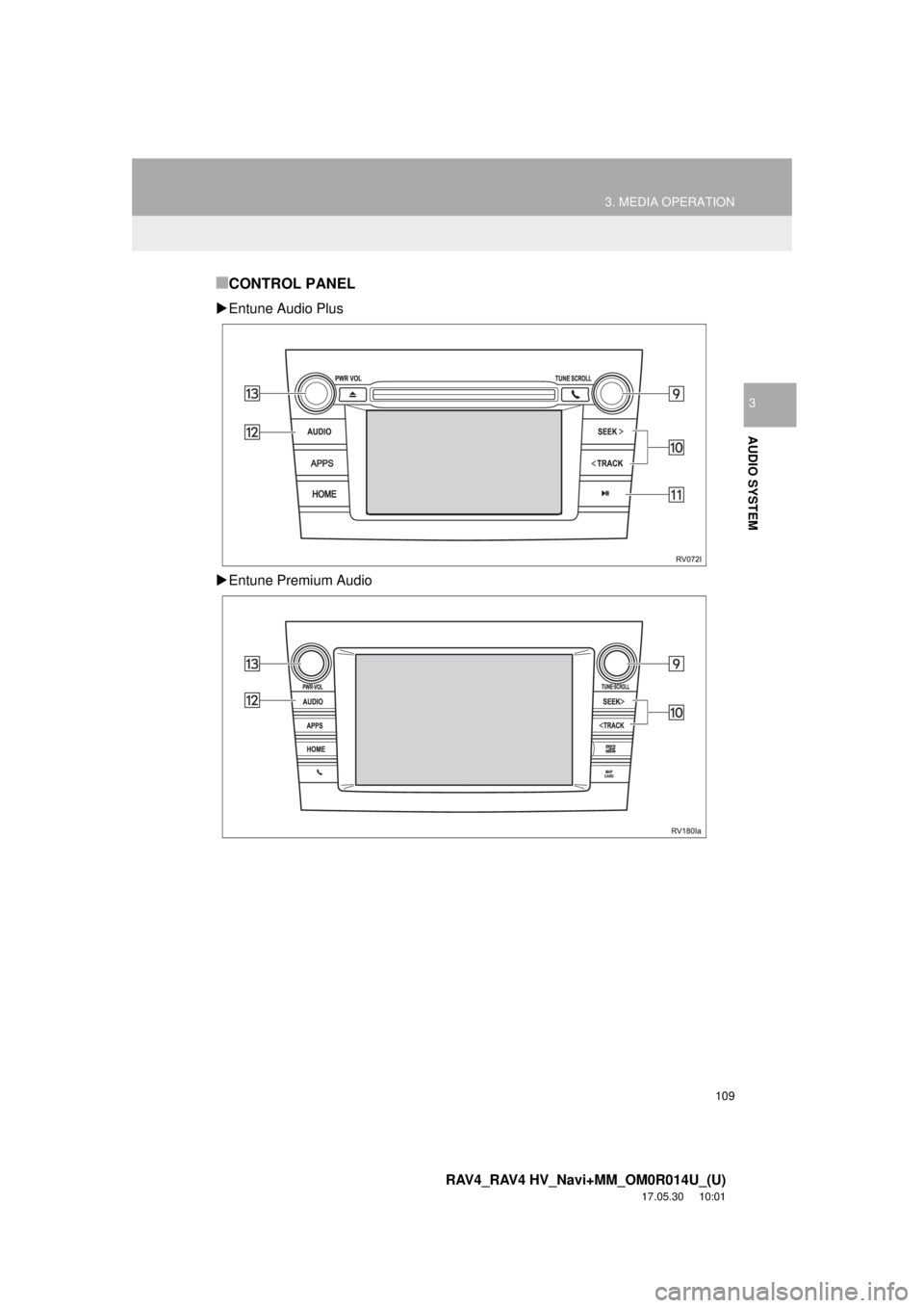 TOYOTA RAV4 2018  Accessories, Audio & Navigation (in English) 109
3. MEDIA OPERATION
RAV4_RAV4 HV_Navi+MM_OM0R014U_(U)
17.05.30     10:01
AUDIO SYSTEM
3
■CONTROL PANEL
Entune Audio Plus
 Entune Premium Audio 
