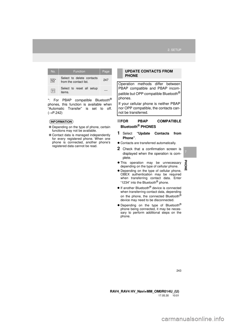 TOYOTA RAV4 2018 Accessories, Audio & Navigation (in English) 243
2. SETUP
RAV4_RAV4 HV_Navi+MM_OM0R014U_(U)
17.05.30 10:01
PHONE
7
*: For PBAP compatible Bluetooth®
phones, this function is available when
“Automatic Transfer” is set to off.
(→P.242)
TOYOTA RAV4 2018 Accessories, Audio & Navigation (in English) 243
2. SETUP
RAV4_RAV4 HV_Navi+MM_OM0R014U_(U)
17.05.30 10:01
PHONE
7
*: For PBAP compatible Bluetooth®
phones, this function is available when
“Automatic Transfer” is set to off.
(→P.242)