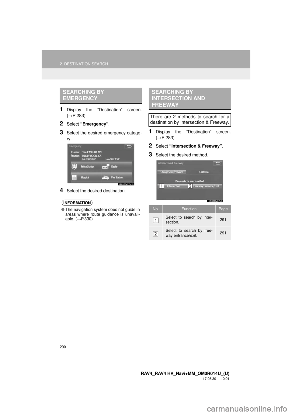 TOYOTA RAV4 2018 Accessories, Audio & Navigation (in English) 290
2. DESTINATION SEARCH
RAV4_RAV4 HV_Navi+MM_OM0R014U_(U)
17.05.30 10:01
1Display the “Destination” screen.
(→P.283)
2Select “Emergency” .
3Select the desired emergency catego-
ry.
4Se TOYOTA RAV4 2018 Accessories, Audio & Navigation (in English) 290
2. DESTINATION SEARCH
RAV4_RAV4 HV_Navi+MM_OM0R014U_(U)
17.05.30 10:01
1Display the “Destination” screen.
(→P.283)
2Select “Emergency” .
3Select the desired emergency catego-
ry.
4Se
