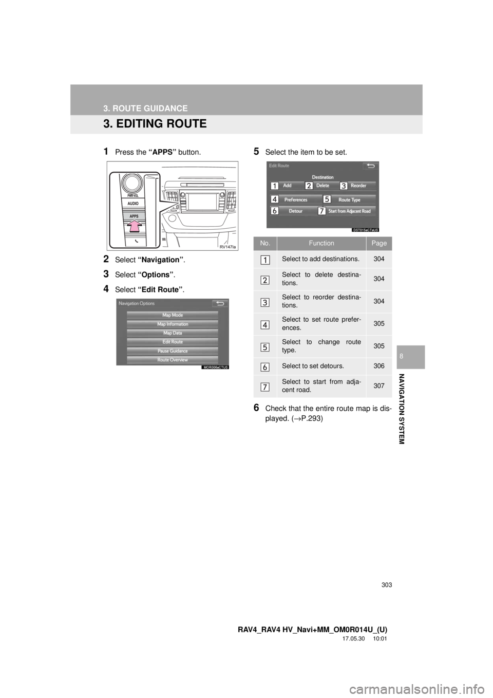 TOYOTA RAV4 2018 Accessories, Audio & Navigation (in English) 303
3. ROUTE GUIDANCE
RAV4_RAV4 HV_Navi+MM_OM0R014U_(U)
17.05.30 10:01
NAVIGATION SYSTEM
8
3. EDITING ROUTE
1Press the “APPS” button.
2Select “Navigation” .
3Select “Options”.
4Select TOYOTA RAV4 2018 Accessories, Audio & Navigation (in English) 303
3. ROUTE GUIDANCE
RAV4_RAV4 HV_Navi+MM_OM0R014U_(U)
17.05.30 10:01
NAVIGATION SYSTEM
8
3. EDITING ROUTE
1Press the “APPS” button.
2Select “Navigation” .
3Select “Options”.
4Select