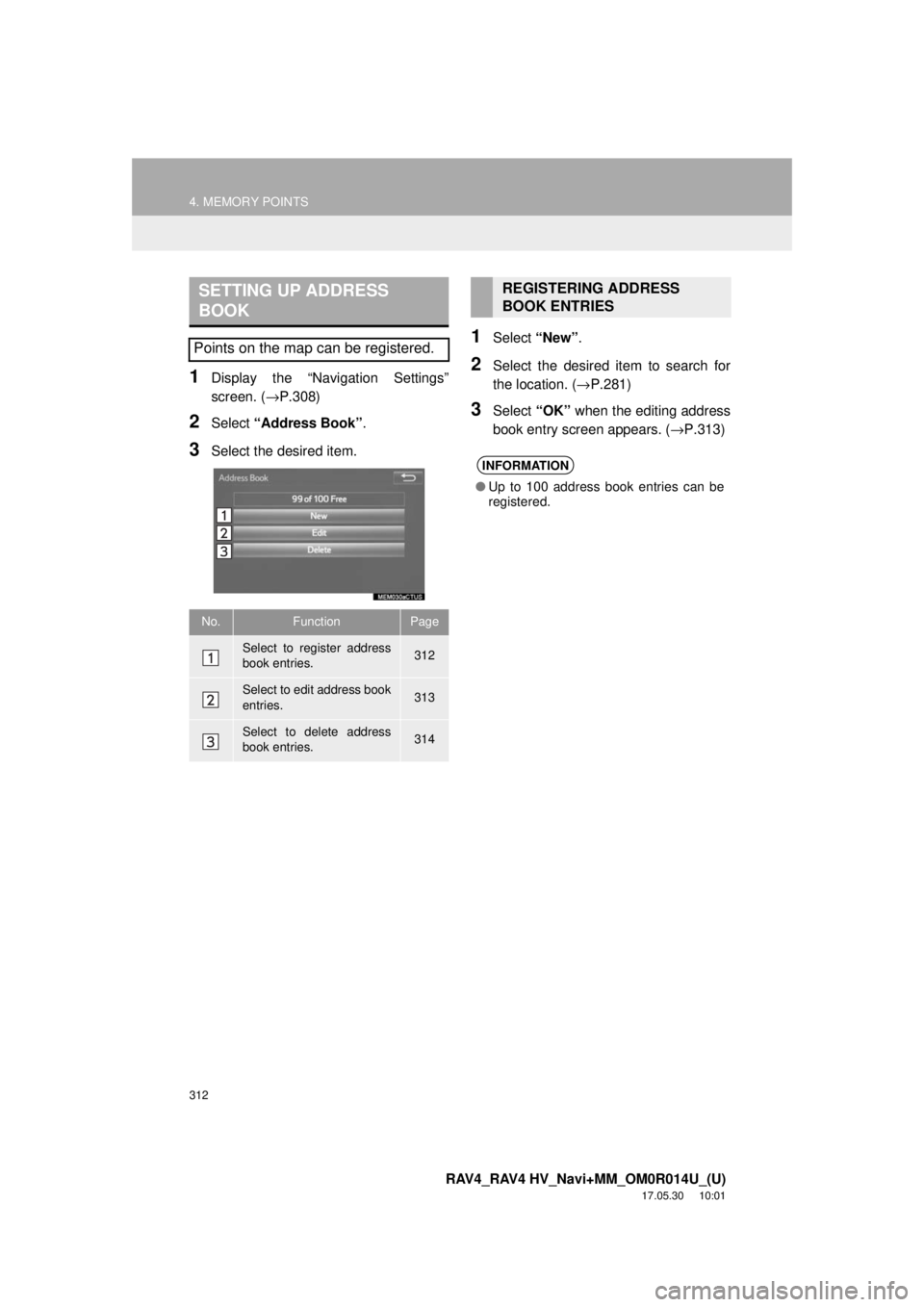 TOYOTA RAV4 2018 Accessories, Audio & Navigation (in English) 312
4. MEMORY POINTS
RAV4_RAV4 HV_Navi+MM_OM0R014U_(U)
17.05.30 10:01
1Display the “Navigation Settings”
screen. (→P.308)
2Select “Address Book” .
3Select the desired item.
1Select “Ne TOYOTA RAV4 2018 Accessories, Audio & Navigation (in English) 312
4. MEMORY POINTS
RAV4_RAV4 HV_Navi+MM_OM0R014U_(U)
17.05.30 10:01
1Display the “Navigation Settings”
screen. (→P.308)
2Select “Address Book” .
3Select the desired item.
1Select “Ne