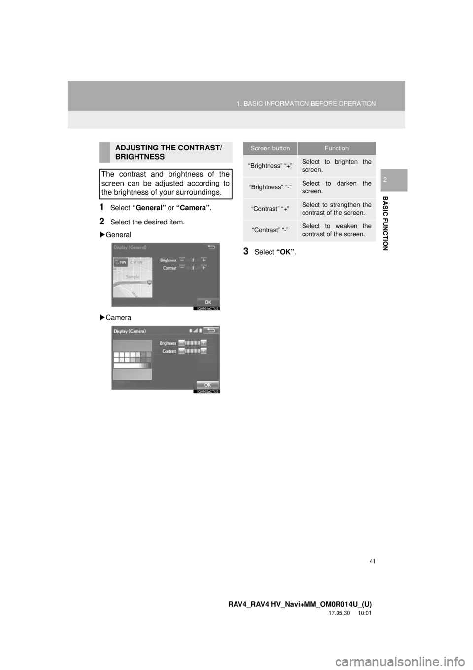 TOYOTA RAV4 2018 Accessories, Audio & Navigation (in English) 41
1. BASIC INFORMATION BEFORE OPERATION
RAV4_RAV4 HV_Navi+MM_OM0R014U_(U)
17.05.30 10:01
BASIC FUNCTION
2
1Select “General” or “Camera” .
2Select the desired item.
General
Camera TOYOTA RAV4 2018 Accessories, Audio & Navigation (in English) 41
1. BASIC INFORMATION BEFORE OPERATION
RAV4_RAV4 HV_Navi+MM_OM0R014U_(U)
17.05.30 10:01
BASIC FUNCTION
2
1Select “General” or “Camera” .
2Select the desired item.
General
Camera