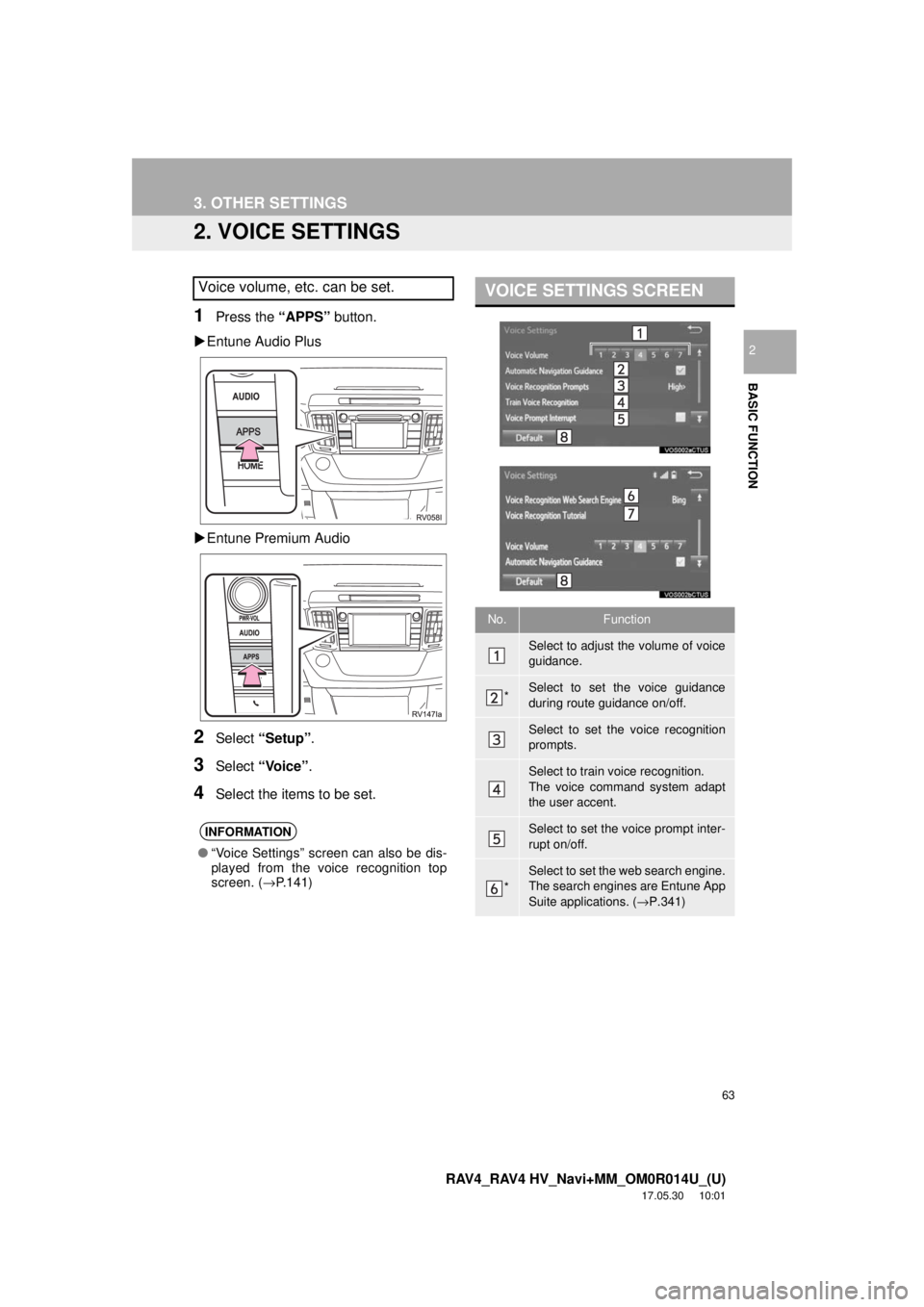 TOYOTA RAV4 2018 Accessories, Audio & Navigation (in English) 63
3. OTHER SETTINGS
RAV4_RAV4 HV_Navi+MM_OM0R014U_(U)
17.05.30 10:01
BASIC FUNCTION
2
2. VOICE SETTINGS
1Press the “APPS” button.
Entune Audio Plus
Entune Premium Audio
2Select “S TOYOTA RAV4 2018 Accessories, Audio & Navigation (in English) 63
3. OTHER SETTINGS
RAV4_RAV4 HV_Navi+MM_OM0R014U_(U)
17.05.30 10:01
BASIC FUNCTION
2
2. VOICE SETTINGS
1Press the “APPS” button.
Entune Audio Plus
Entune Premium Audio
2Select “S