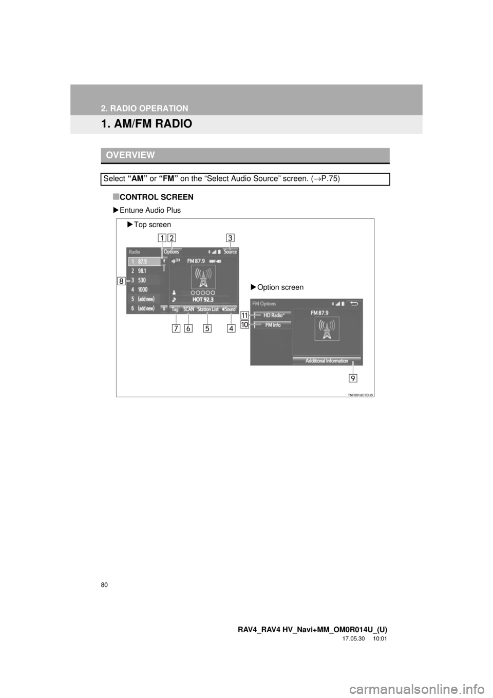 TOYOTA RAV4 2018  Accessories, Audio & Navigation (in English) 80
RAV4_RAV4 HV_Navi+MM_OM0R014U_(U)
17.05.30     10:01
2. RADIO OPERATION
1. AM/FM RADIO
■CONTROL SCREEN
Entune Audio Plus
OVERVIEW
Select  “AM” or “FM”  on the “Select Audio Source”
