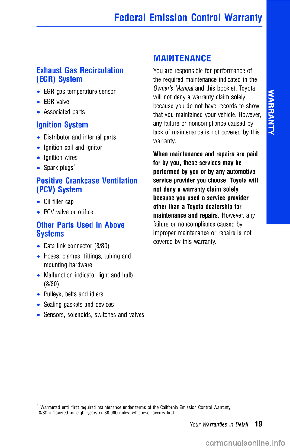 TOYOTA RAV4 2018  Warranties & Maintenance Guides (in English) Exhaust Gas Recirculation
(EGR) System
•EGR gas temperature sensor
•EGR valve
•Associated parts
Ignition System
•Distributor and internal parts
•Ignition coil and ignitor
•Ignition wires
�