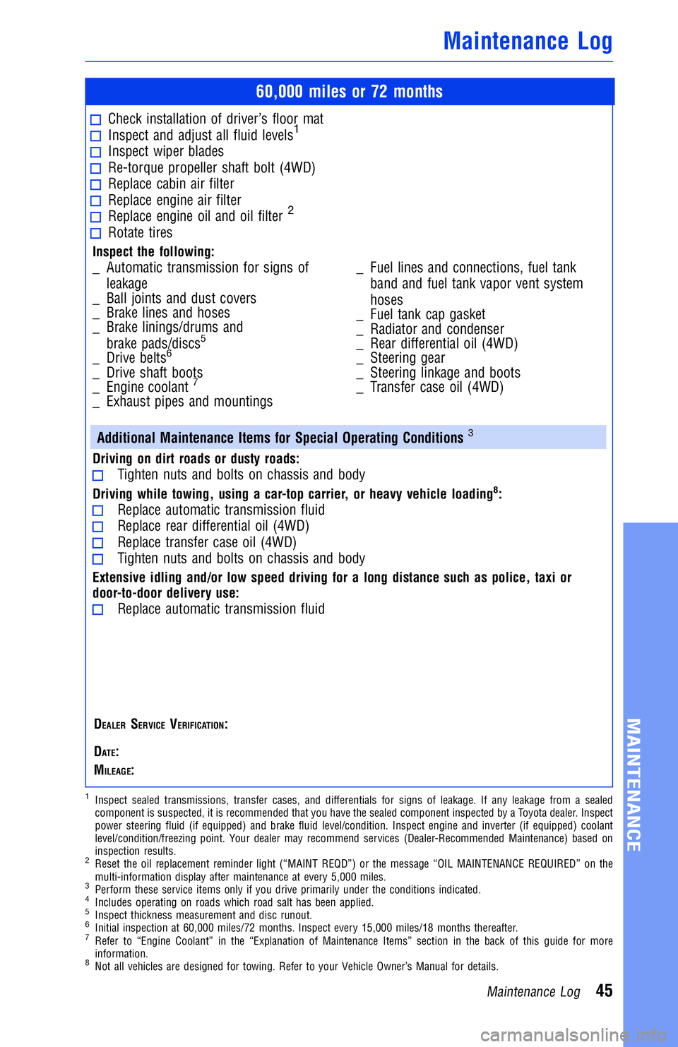 TOYOTA RAV4 2018  Warranties & Maintenance Guides (in English) 60,000 miles or 72 months
Check installation of driver’s floor matInspect and adjust all fluid levels1
Inspect wiper bladesRe-torque propeller shaft bolt (4WD)Replace cabin air filterReplace engine 