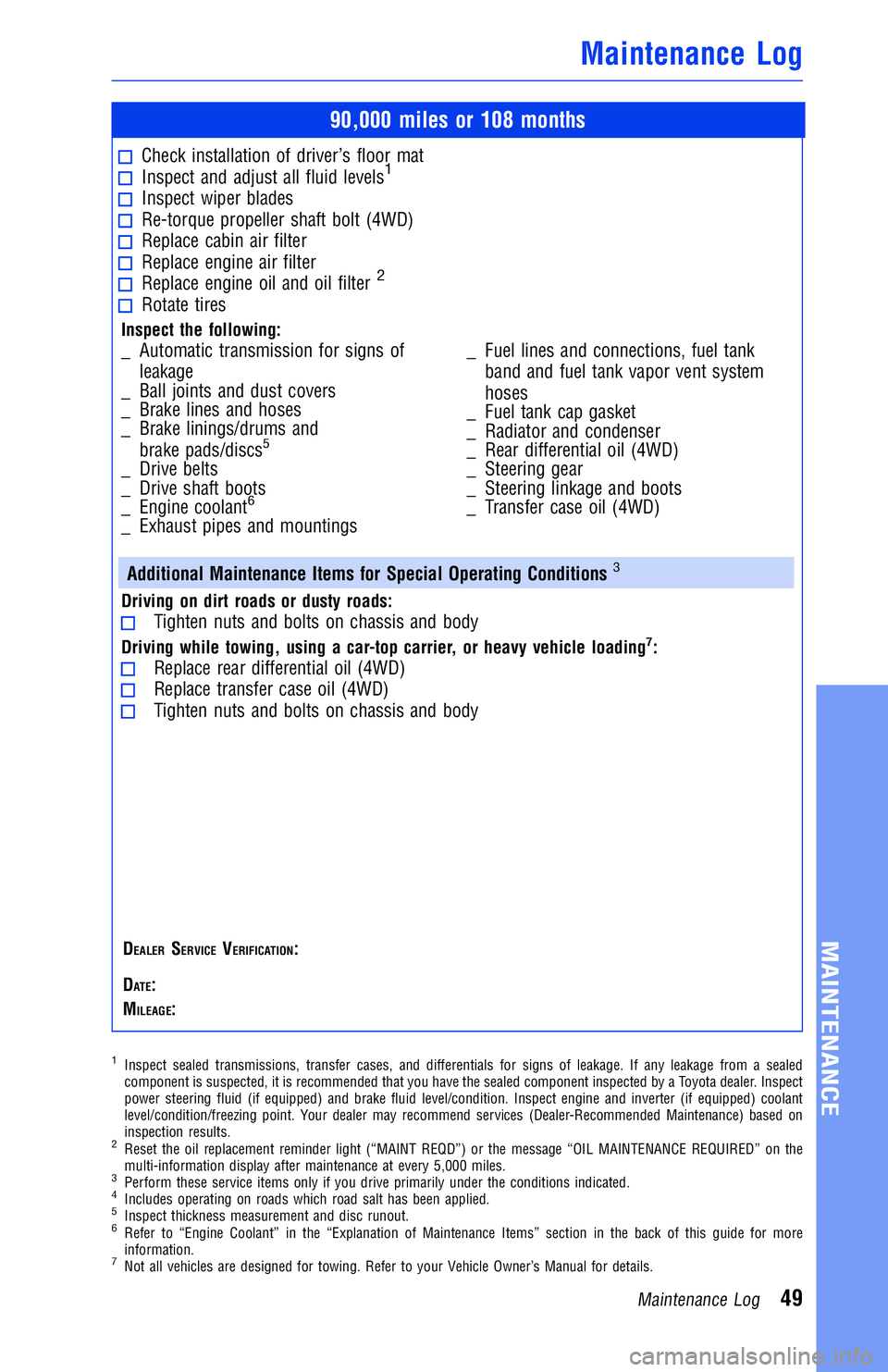 TOYOTA RAV4 2018  Warranties & Maintenance Guides (in English) 90,000 miles or 108 months
Check installation of driver’s floor matInspect and adjust all fluid levels1
Inspect wiper bladesRe-torque propeller shaft bolt (4WD)Replace cabin air filterReplace engine