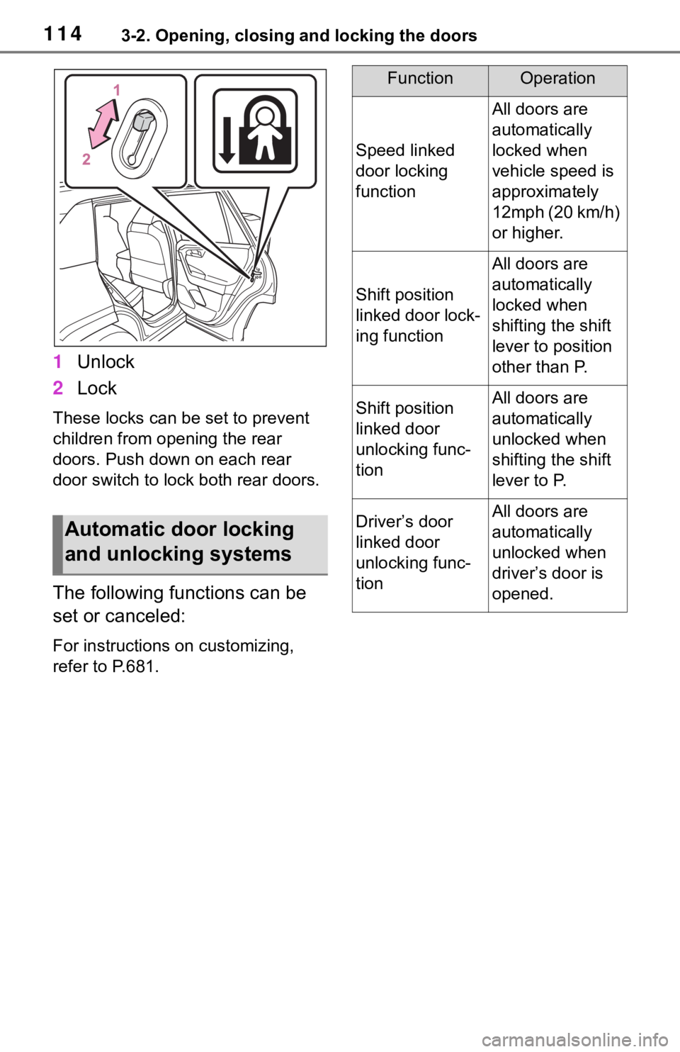 TOYOTA RAV4 2019 Owners Manual (in English) 1143-2. Opening, closing and locking the doors
1Unlock
2 Lock
These locks can be set to prevent
children from opening the rear
doors. Push down on each rear
door switch to lock both rear doors.
The TOYOTA RAV4 2019 Owners Manual (in English) 1143-2. Opening, closing and locking the doors
1Unlock
2 Lock
These locks can be set to prevent
children from opening the rear
doors. Push down on each rear
door switch to lock both rear doors.
The
