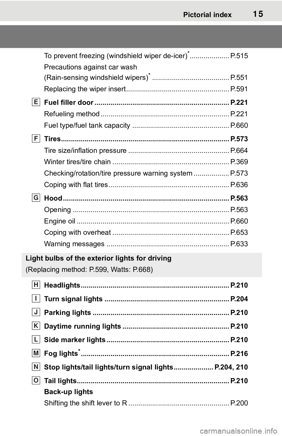 TOYOTA RAV4 2019  Owners Manual (in English) 15Pictorial index
To prevent freezing (windshield wiper de-icer)*.................... P.515
Precautions against car wash
(Rain-sensing windshield wipers)
*....................................... P.551