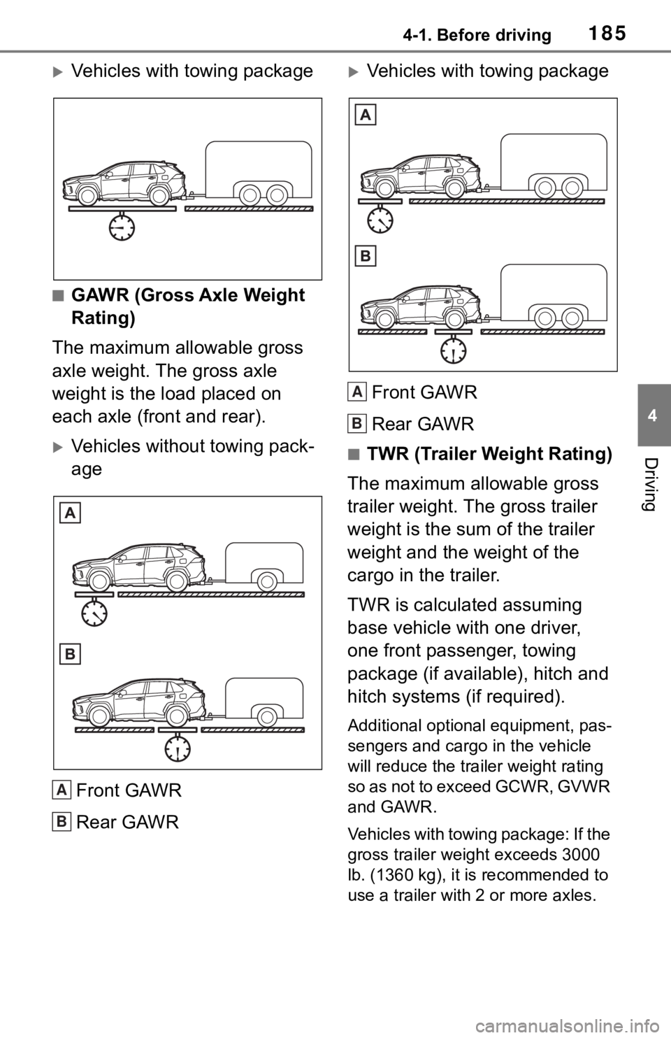 TOYOTA RAV4 2019  Owners Manual (in English) 1854-1. Before driving
4
Driving
Vehicles with towing package
■GAWR (Gross Axle Weight 
Rating)
The maximum allowable gross 
axle weight. The gross axle 
weight is the load placed on 
each axle (