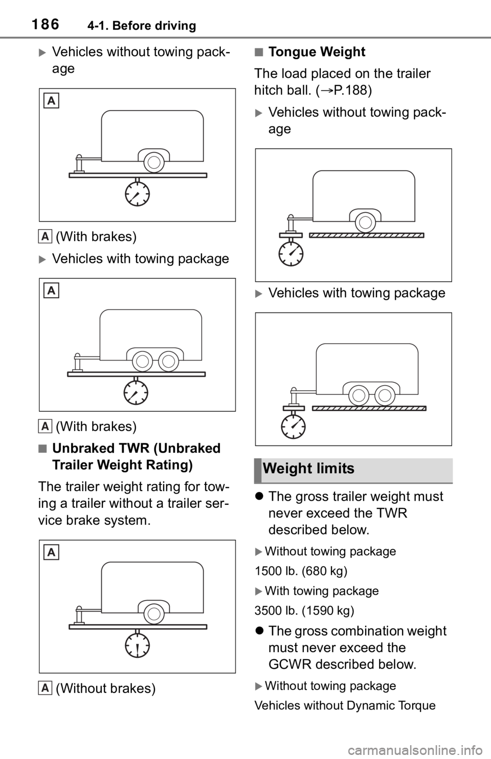 TOYOTA RAV4 2019  Owners Manual (in English) 1864-1. Before driving
Vehicles without towing pack-
age(With brakes)
Vehicles with towing package(With brakes)
■Unbraked TWR (Unbraked 
Trailer Weight Rating)
The trailer weight rating for to