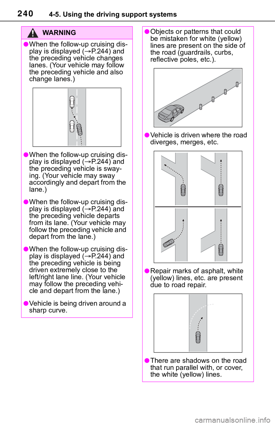 TOYOTA RAV4 2019  Owners Manual (in English) 2404-5. Using the driving support systems
WA R N I N G
●When the follow-up cruising dis-
play is displayed (P.244) and 
the preceding vehicle changes 
lanes. (Your vehicle may follow 
the precedi