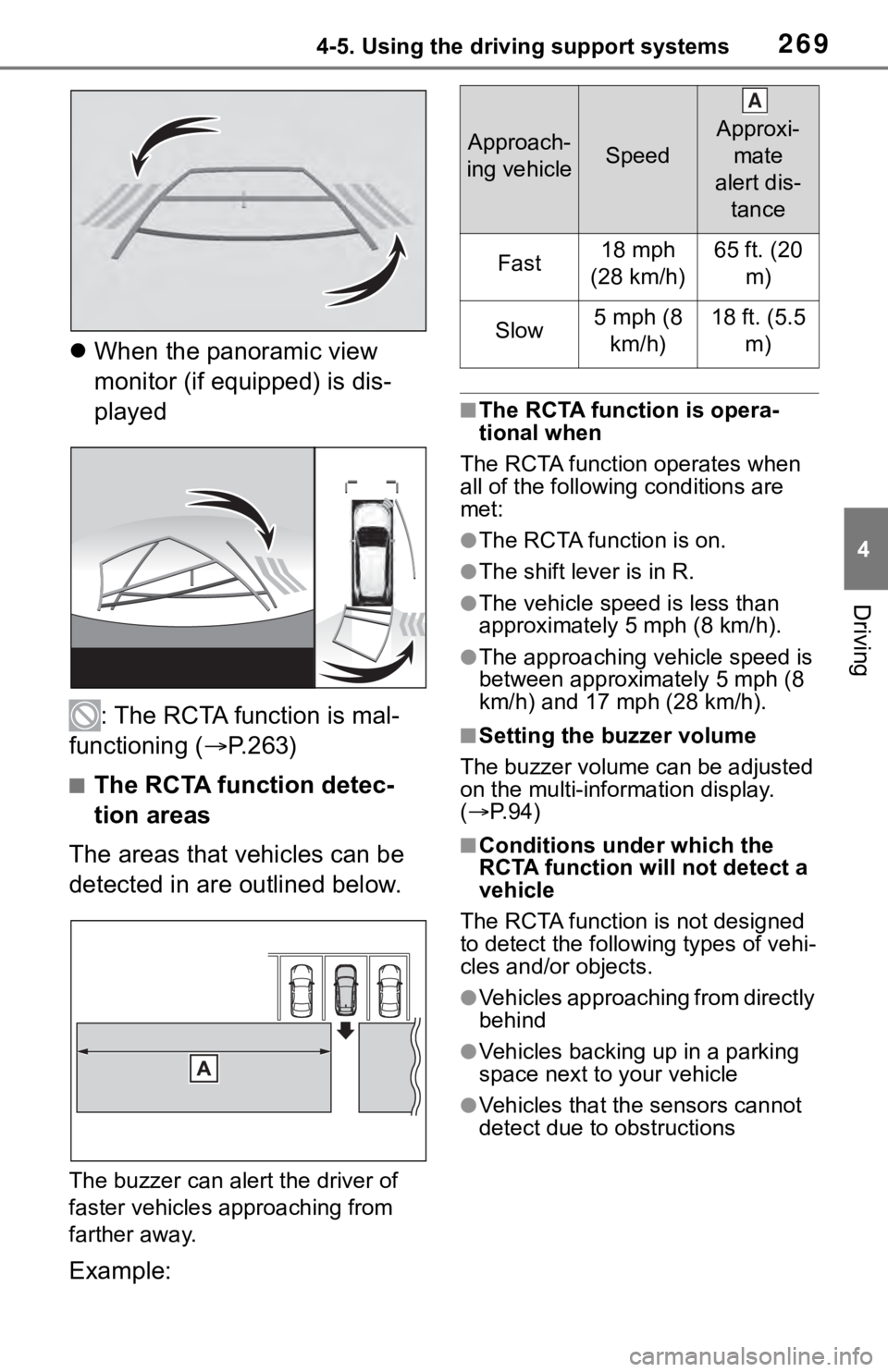 TOYOTA RAV4 2019 (in English) Service Manual 2694-5. Using the driving support systems
4
Driving
When the panoramic view
monitor (if equipped) is dis-
played
: The RCTA function is mal-
functioning ( P.263)
■The RCTA function detec-
tio TOYOTA RAV4 2019 (in English) Service Manual 2694-5. Using the driving support systems
4
Driving
When the panoramic view
monitor (if equipped) is dis-
played
: The RCTA function is mal-
functioning ( P.263)
■The RCTA function detec-
tio