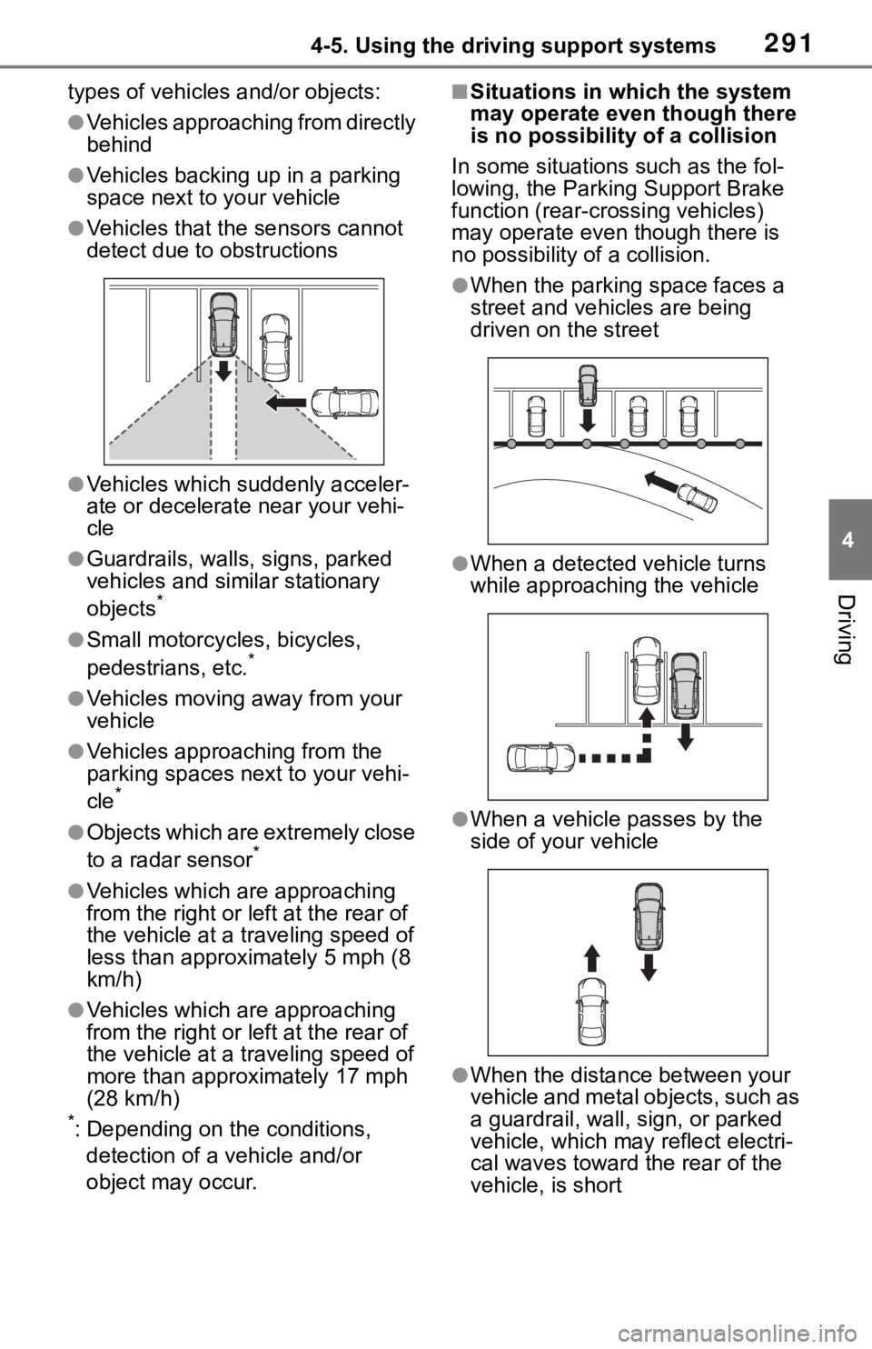 TOYOTA RAV4 2019 Owners Manual (in English) 2914-5. Using the driving support systems
4
Driving
types of vehicles and/or objects:
●Vehicles approaching from directly
behind
●Vehicles backing up in a parking
space next to your vehicle
●V TOYOTA RAV4 2019 Owners Manual (in English) 2914-5. Using the driving support systems
4
Driving
types of vehicles and/or objects:
●Vehicles approaching from directly
behind
●Vehicles backing up in a parking
space next to your vehicle
●V