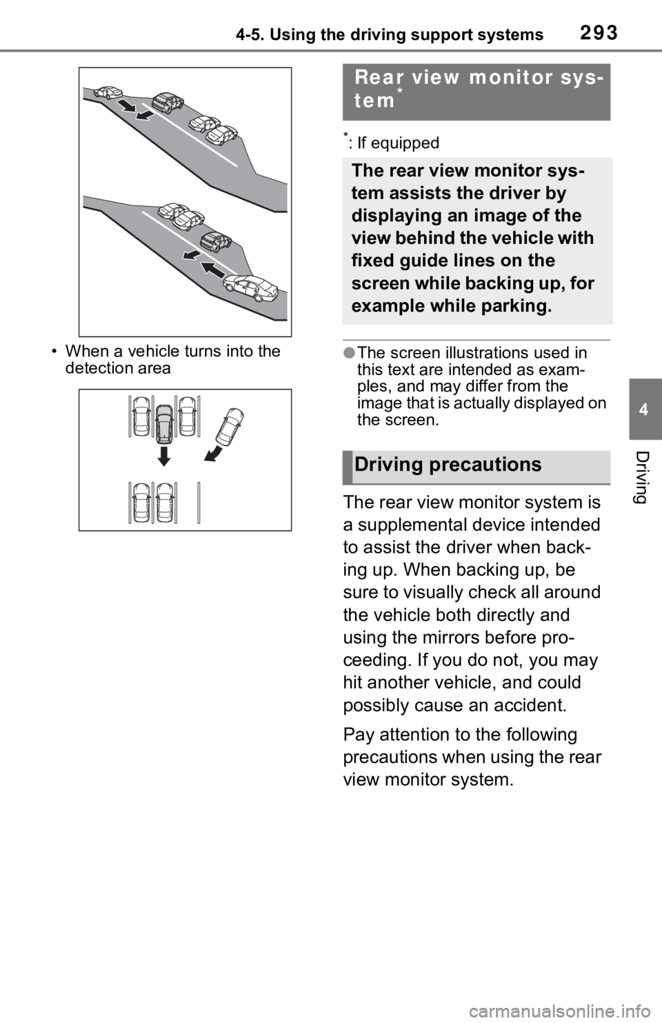 TOYOTA RAV4 2019 Owners Manual (in English) 2934-5. Using the driving support systems
4
Driving
• When a vehicle turns into the detection area
*: If equipped
●The screen illust rations used in
this text are intended as exam-
ples, and may TOYOTA RAV4 2019 Owners Manual (in English) 2934-5. Using the driving support systems
4
Driving
• When a vehicle turns into the detection area
*: If equipped
●The screen illust rations used in
this text are intended as exam-
ples, and may