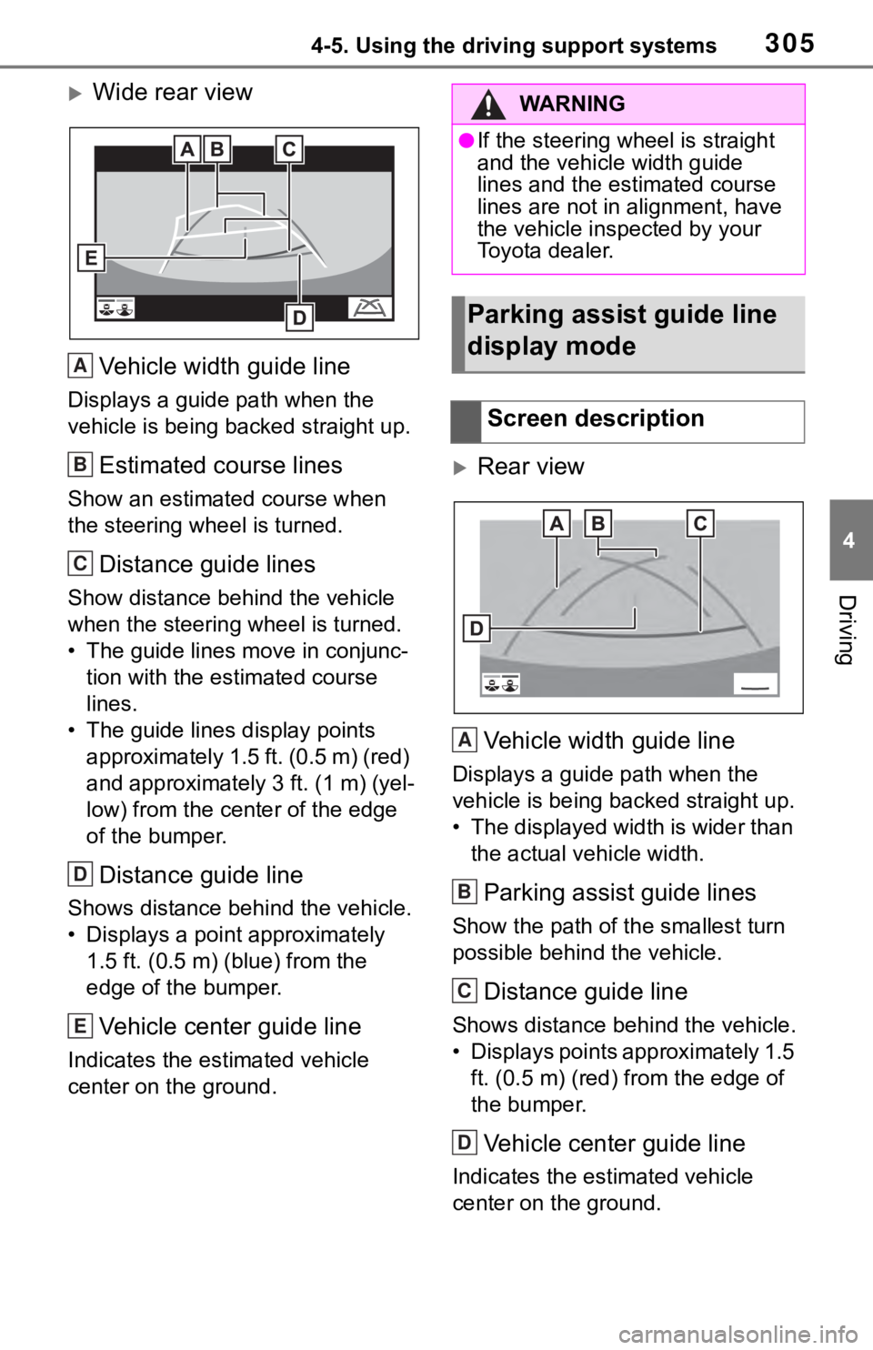TOYOTA RAV4 2019 Owners Manual (in English) 3054-5. Using the driving support systems
4
Driving
Wide rear viewVehicle width guide line
Displays a guide path when the
vehicle is being b acked straight up.
Estimated course lines
Show an esti TOYOTA RAV4 2019 Owners Manual (in English) 3054-5. Using the driving support systems
4
Driving
Wide rear viewVehicle width guide line
Displays a guide path when the
vehicle is being b acked straight up.
Estimated course lines
Show an esti