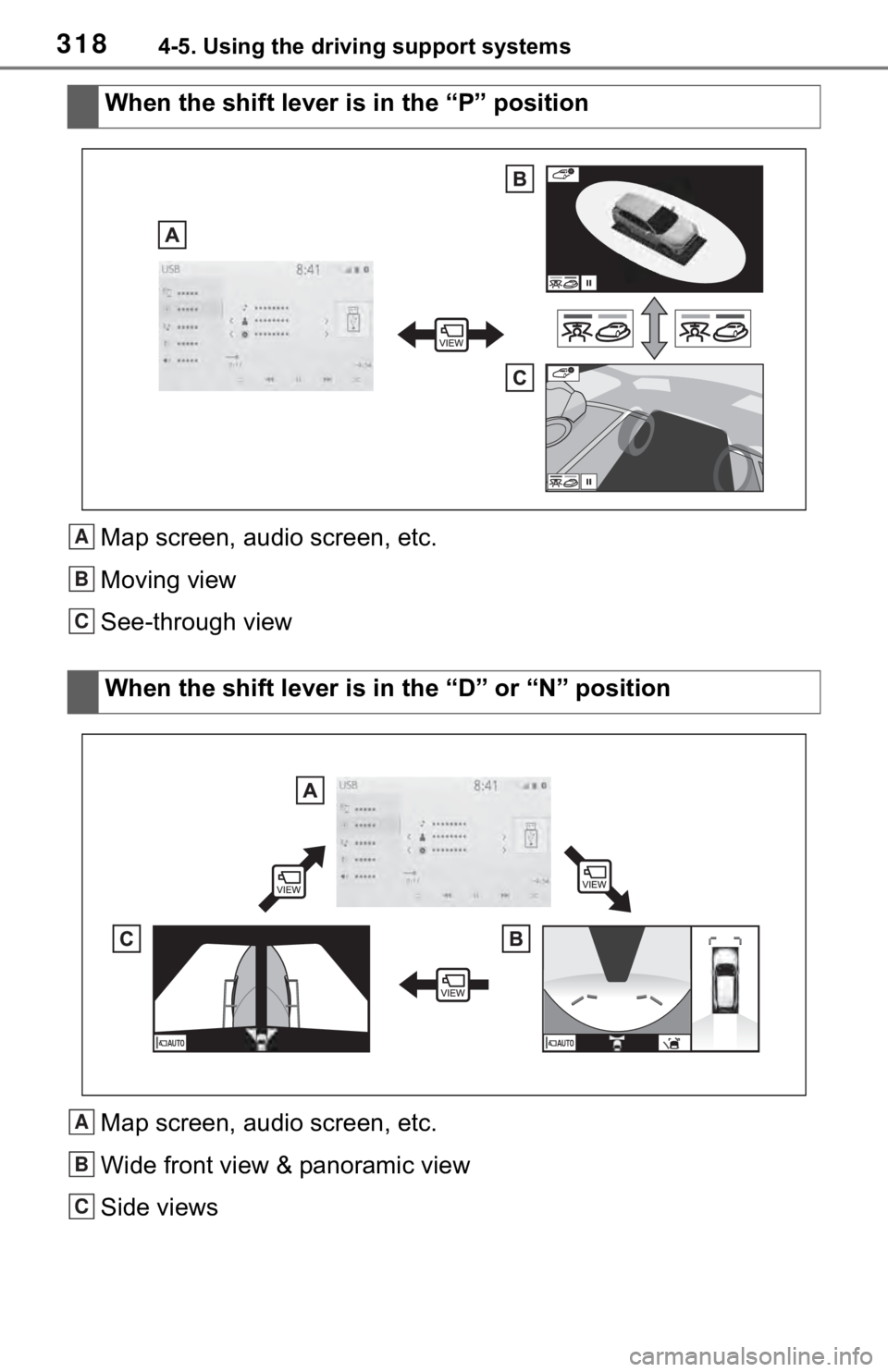 TOYOTA RAV4 2019 Owners Manual (in English) 3184-5. Using the driving support systems
Map screen, audio screen, etc.
Moving view
See-through view
Map screen, audio screen, etc.
Wide front view & panoramic view
Side viewsWhen the shift lever is TOYOTA RAV4 2019 Owners Manual (in English) 3184-5. Using the driving support systems
Map screen, audio screen, etc.
Moving view
See-through view
Map screen, audio screen, etc.
Wide front view & panoramic view
Side viewsWhen the shift lever is