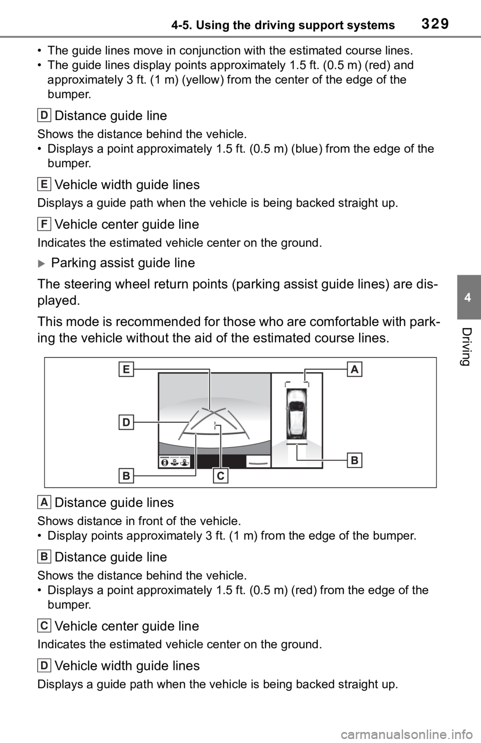 TOYOTA RAV4 2019  Owners Manual (in English) 3294-5. Using the driving support systems
4
Driving
• The guide lines move in conjunction with the estimated course lines.
• The guide lines display points  approximately 1.5 ft. (0.5 m) (red) and