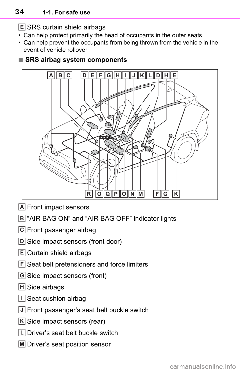 TOYOTA RAV4 2019  Owners Manual (in English) 341-1. For safe use
SRS curtain shield airbags
• Can help protect primarily the head of occupants in the outer seats
• Can help prevent the occupants from being thrown from the vehi cle in the 
ev