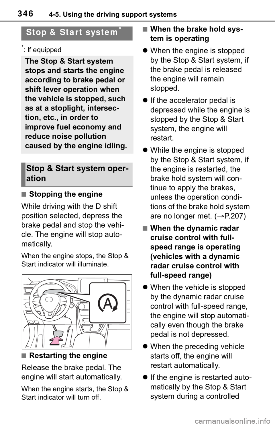 TOYOTA RAV4 2019  Owners Manual (in English) 3464-5. Using the driving support systems
*: If equipped
■Stopping the engine
While driving with the D shift 
position selected, depress the 
brake pedal and stop the vehi-
cle. The engine will stop