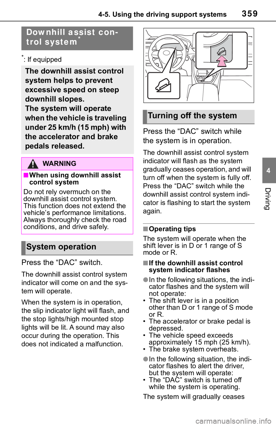 TOYOTA RAV4 2019  Owners Manual (in English) 3594-5. Using the driving support systems
4
Driving
*: If equipped
Press the “DAC” switch.
The downhill assist control system 
indicator will come on and the sys-
tem will operate.
When the system