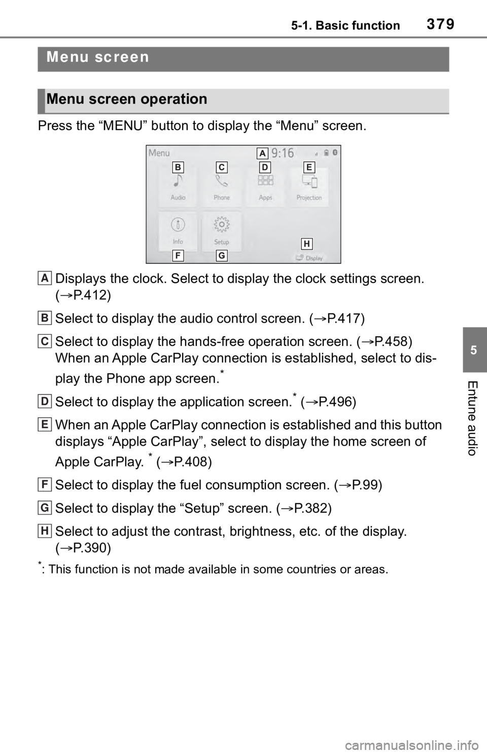 TOYOTA RAV4 2019  Owners Manual (in English) 3795-1. Basic function
5
Entune audio
Press the “MENU” button to display the “Menu” screen.
Displays the clock. Select to display the clock settings screen. 
( P.412)
Select to display the 