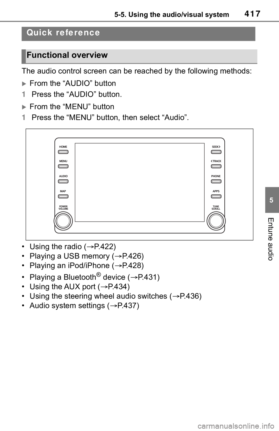 TOYOTA RAV4 2019 Owners Manual (in English) 4175-5. Using the audio/visual system
5
Entune audio
5-5.Using the audio/visual system
The audio control screen can be reached by the following methods:
From the “AUDIO” button
1 Press the “A TOYOTA RAV4 2019 Owners Manual (in English) 4175-5. Using the audio/visual system
5
Entune audio
5-5.Using the audio/visual system
The audio control screen can be reached by the following methods:
From the “AUDIO” button
1 Press the “A