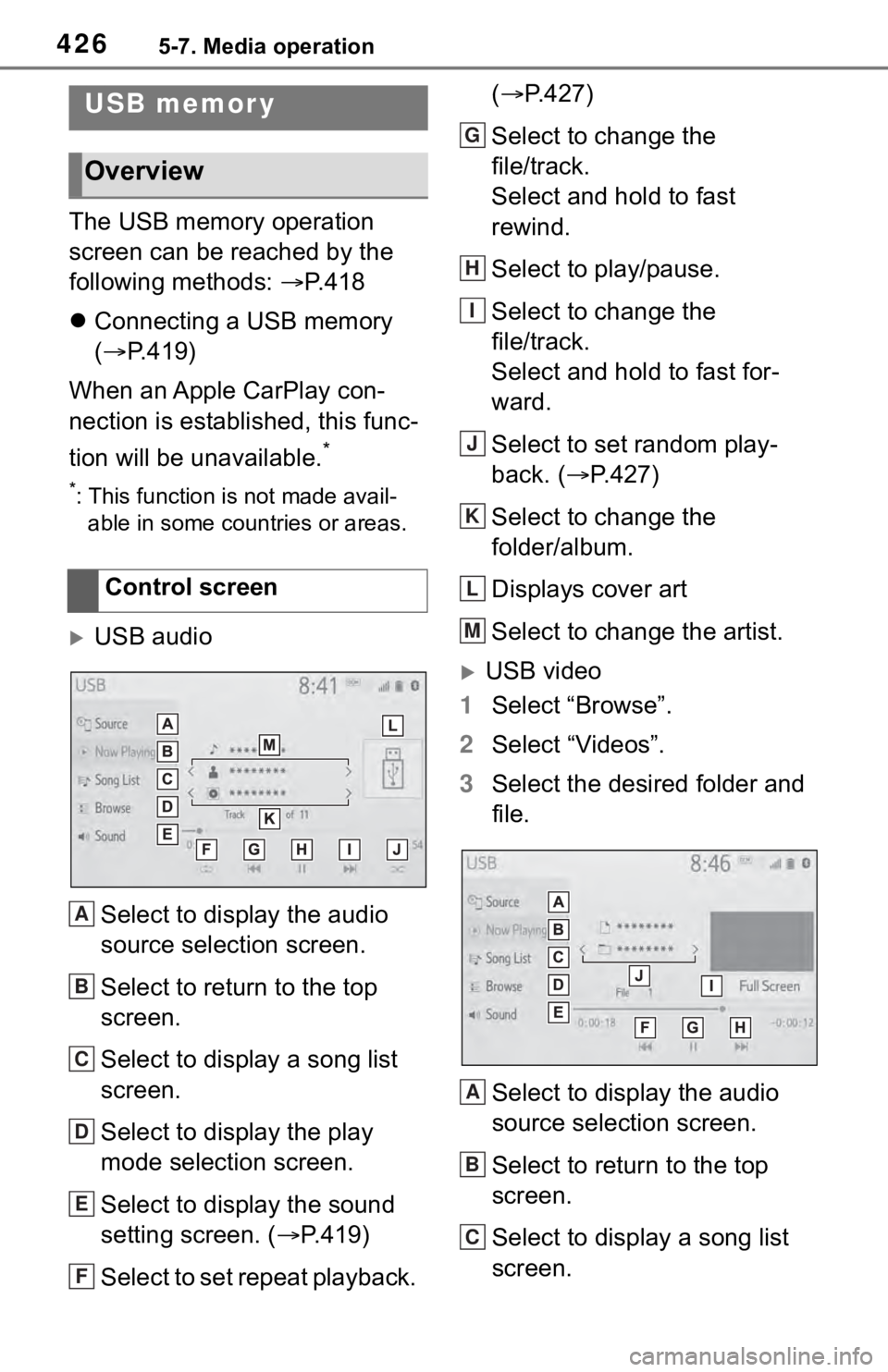TOYOTA RAV4 2019  Owners Manual (in English) 4265-7. Media operation
5-7.Media operation
The USB memory operation 
screen can be reached by the 
following methods: P. 4 1 8
 Connecting a USB memory 
( P.419)
When an Apple CarPlay con-
n