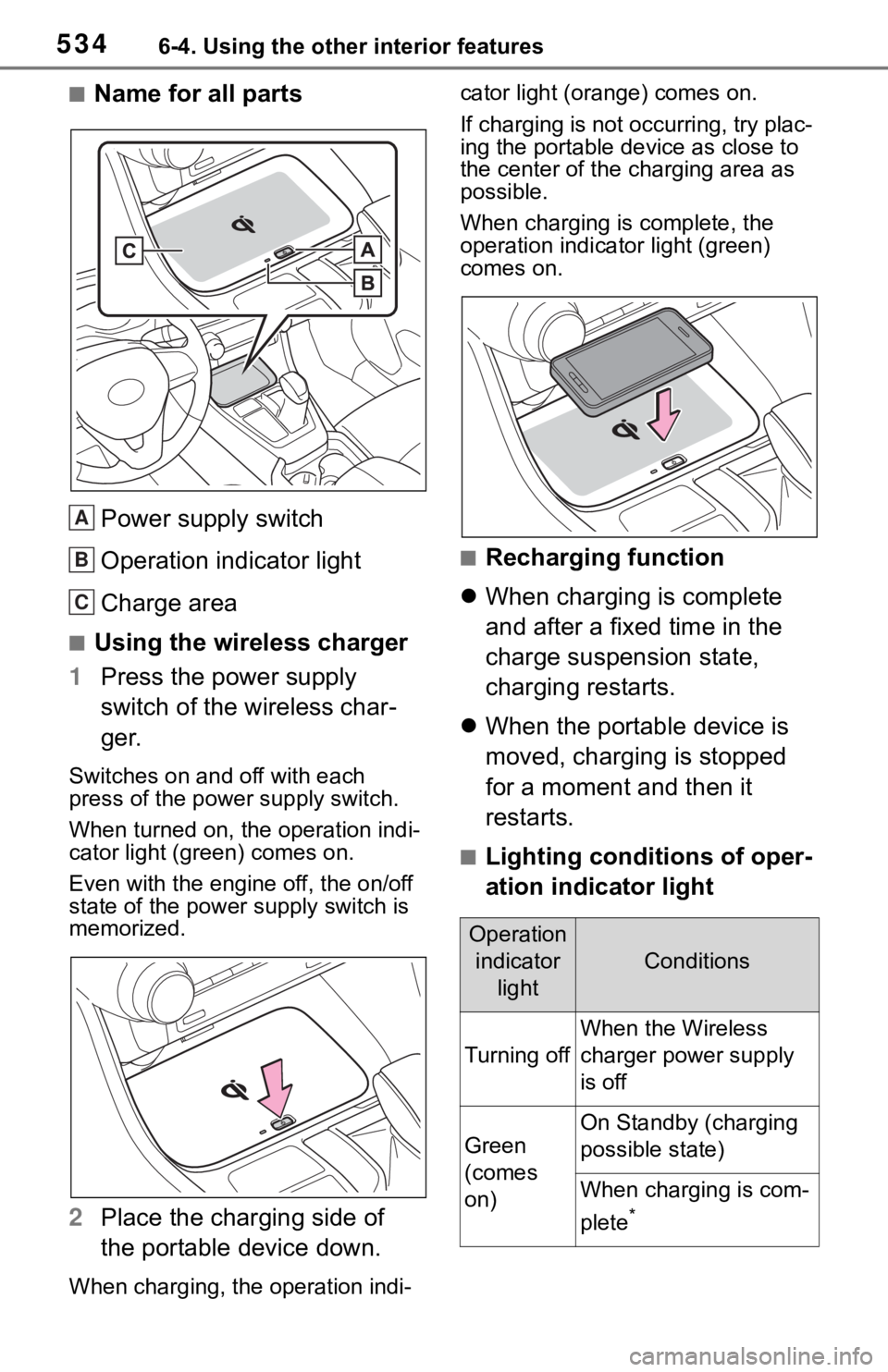 TOYOTA RAV4 2019  Owners Manual (in English) 5346-4. Using the other interior features
■Name for all partsPower supply switch
Operation indicator light
Charge area
■Using the wireless charger
1 Press the power supply 
switch of the wireless 