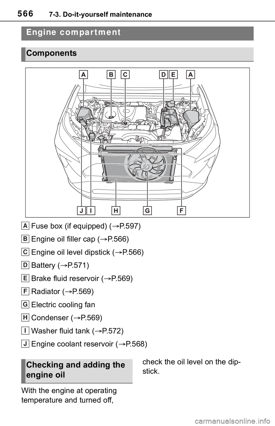 TOYOTA RAV4 2019 Owners Manual (in English) 5667-3. Do-it-yourself maintenance
Fuse box (if equipped) ( P.597)
Engine oil filler cap ( P.566)
Engine oil level dipstick ( P.566)
Battery ( P.571)
Brake fluid reservoir ( P.569)
Radi TOYOTA RAV4 2019 Owners Manual (in English) 5667-3. Do-it-yourself maintenance
Fuse box (if equipped) ( P.597)
Engine oil filler cap ( P.566)
Engine oil level dipstick ( P.566)
Battery ( P.571)
Brake fluid reservoir ( P.569)
Radi