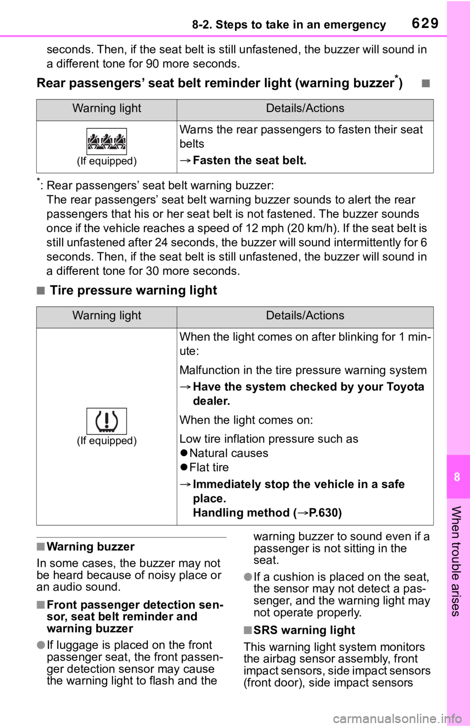 TOYOTA RAV4 2019 Owners Manual (in English) 6298-2. Steps to take in an emergency
8
When trouble arises
seconds. Then, if the seat belt is still unfastened, the buzzer will sound in
a different tone for 90 more seconds.
Rear passengers’ sea TOYOTA RAV4 2019 Owners Manual (in English) 6298-2. Steps to take in an emergency
8
When trouble arises
seconds. Then, if the seat belt is still unfastened, the buzzer will sound in
a different tone for 90 more seconds.
Rear passengers’ sea