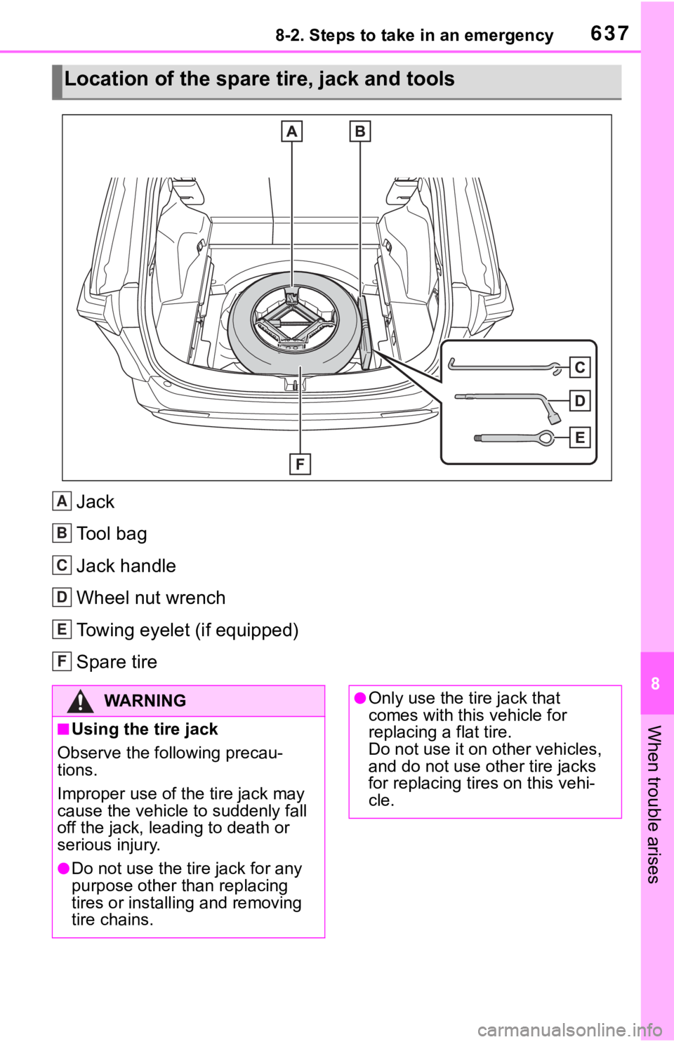 TOYOTA RAV4 2019  Owners Manual (in English) 6378-2. Steps to take in an emergency
8
When trouble arises
Jack
Tool bag
Jack handle
Wheel nut wrench
Towing eyelet (if equipped)
Spare tire
Location of the spare t ire, jack and tools
A
B
C
D
E
F
�: