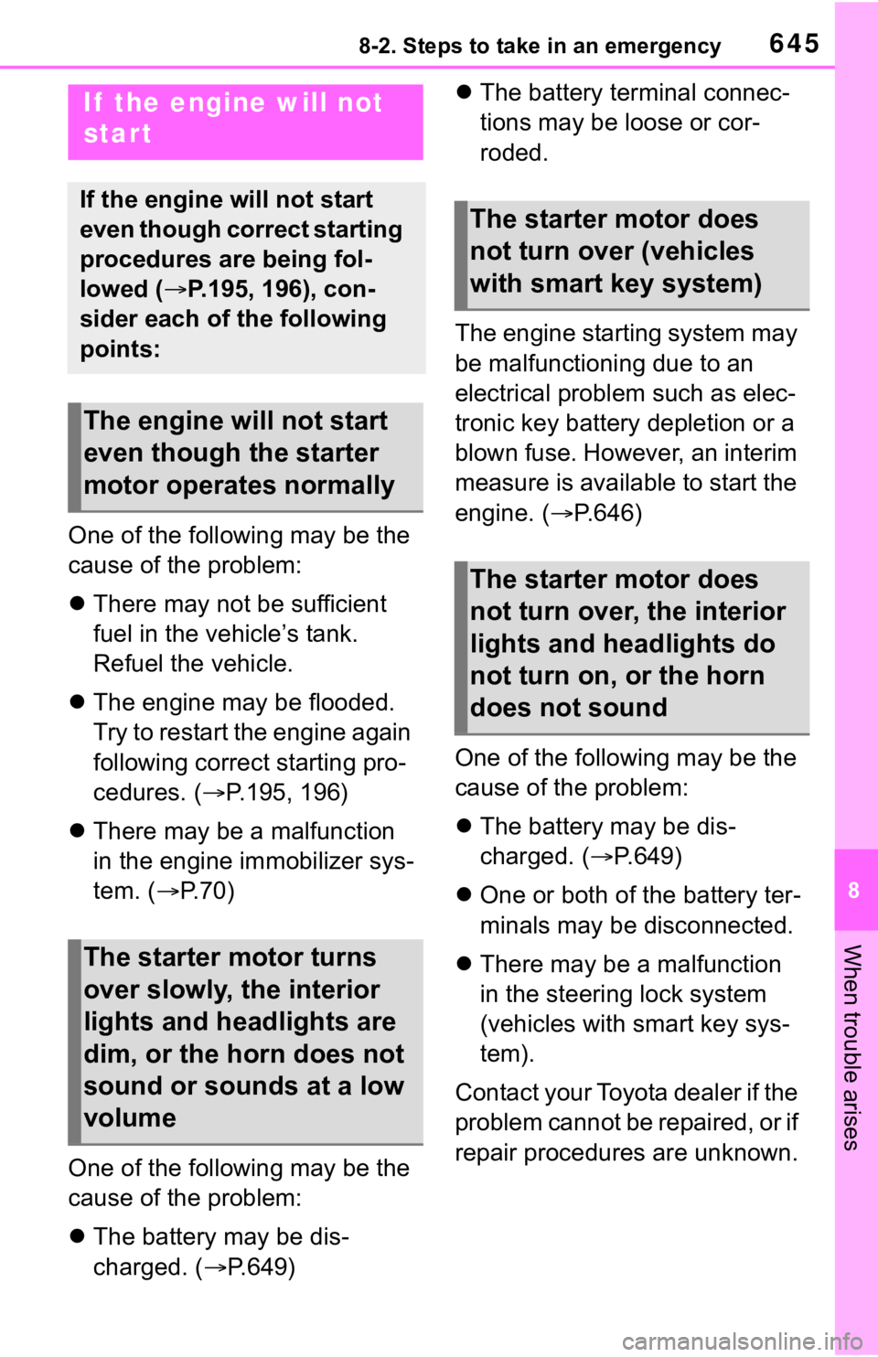 TOYOTA RAV4 2019 Owners Manual (in English) 6458-2. Steps to take in an emergency
8
When trouble arises
One of the following may be the
cause of the problem:
There may not be sufficient
fuel in the vehicle’s tank.
Refuel the vehicle.
TOYOTA RAV4 2019 Owners Manual (in English) 6458-2. Steps to take in an emergency
8
When trouble arises
One of the following may be the
cause of the problem:
There may not be sufficient
fuel in the vehicle’s tank.
Refuel the vehicle.
