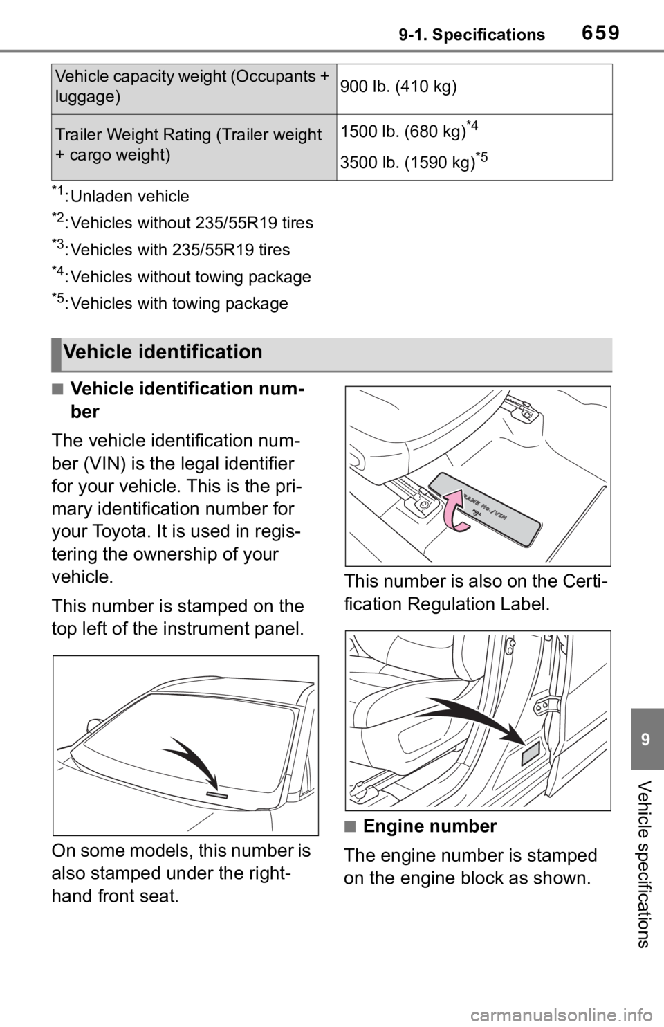 TOYOTA RAV4 2019 Owners Manual (in English) 6599-1. Specifications
9
Vehicle specifications
*1: Unladen vehicle
*2: Vehicles without 235/55R19 tires
*3: Vehicles with 235/55R19 tires
*4: Vehicles without towing package
*5: Vehicles with towing TOYOTA RAV4 2019 Owners Manual (in English) 6599-1. Specifications
9
Vehicle specifications
*1: Unladen vehicle
*2: Vehicles without 235/55R19 tires
*3: Vehicles with 235/55R19 tires
*4: Vehicles without towing package
*5: Vehicles with towing