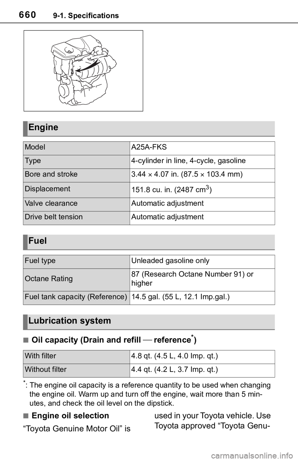 TOYOTA RAV4 2019 Owners Manual (in English) 6609-1. Specifications
■Oil capacity (Drain and refill reference*)
*: The engine oil capacity is a reference quantity to be used whe n changing
the engine oil. Warm up and turn off the engine, TOYOTA RAV4 2019 Owners Manual (in English) 6609-1. Specifications
■Oil capacity (Drain and refill reference*)
*: The engine oil capacity is a reference quantity to be used whe n changing
the engine oil. Warm up and turn off the engine,