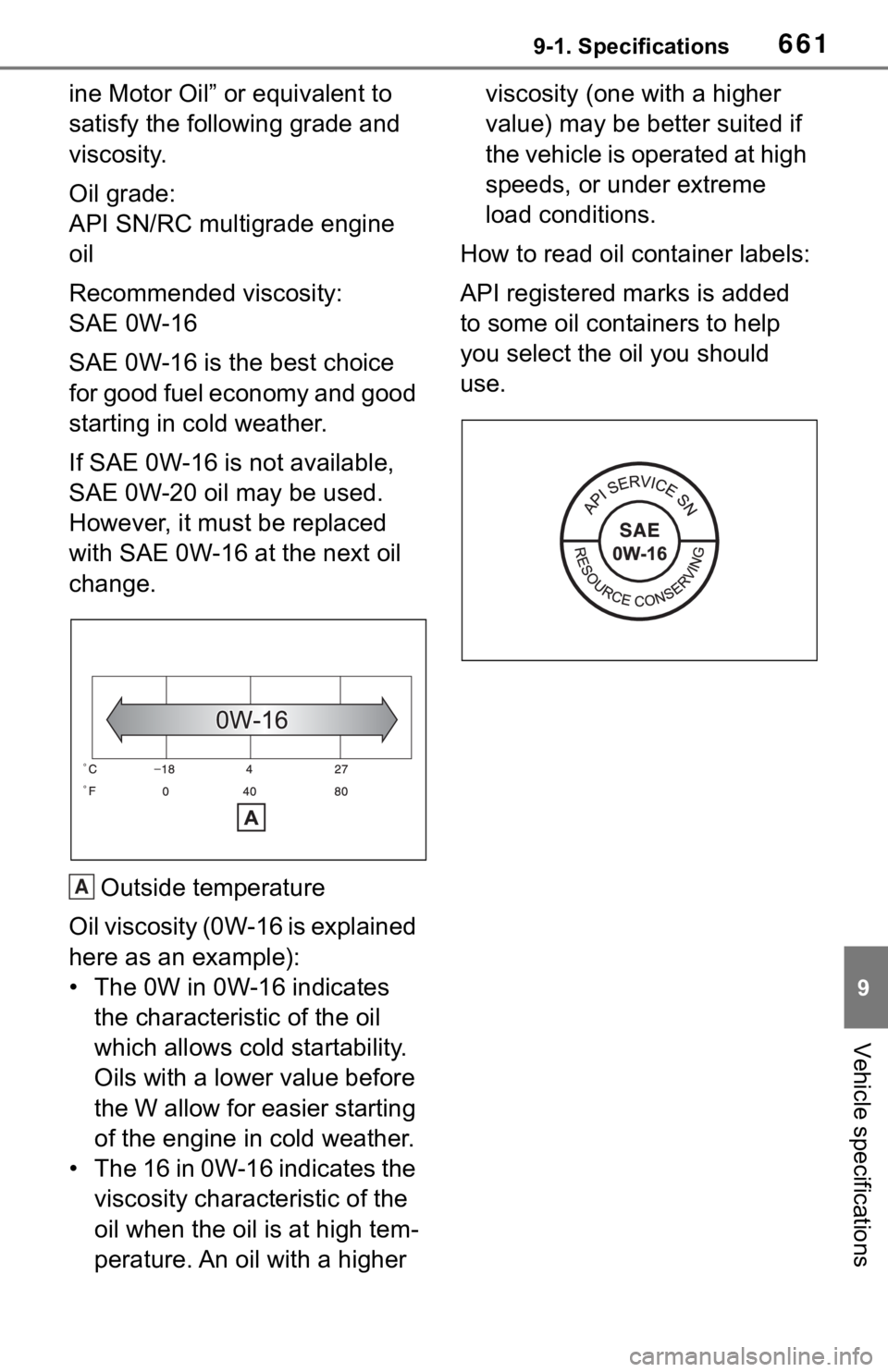 TOYOTA RAV4 2019 Owners Manual (in English) 6619-1. Specifications
9
Vehicle specifications
ine Motor Oil” or equivalent to
satisfy the following grade and
viscosity.
Oil grade:
API SN/RC multigrade engine
oil
Recommended viscosity:
SAE TOYOTA RAV4 2019 Owners Manual (in English) 6619-1. Specifications
9
Vehicle specifications
ine Motor Oil” or equivalent to
satisfy the following grade and
viscosity.
Oil grade:
API SN/RC multigrade engine
oil
Recommended viscosity:
SAE