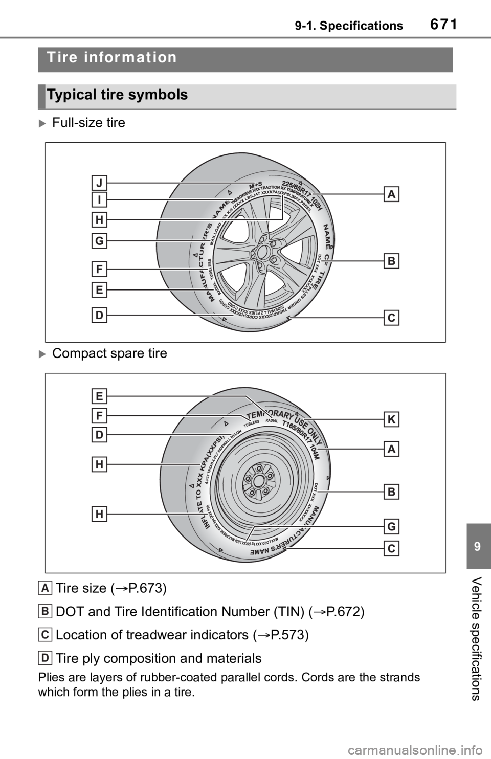 TOYOTA RAV4 2019  Owners Manual (in English) 6719-1. Specifications
9
Vehicle specifications
Full-size tire
Compact spare tireTire size ( P.673)
DOT and Tire Identification Number (TIN) ( P.672)
Location of treadwear indicators ( 