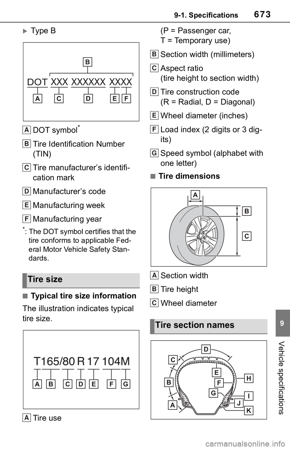 TOYOTA RAV4 2019  Owners Manual (in English) 6739-1. Specifications
9
Vehicle specifications
Ty p e  BDOT symbol
*
Tire Identification Number 
(TIN)
Tire manufacturer’s identifi-
cation mark
Manufacturer’s code
Manufacturing week
Manufact
