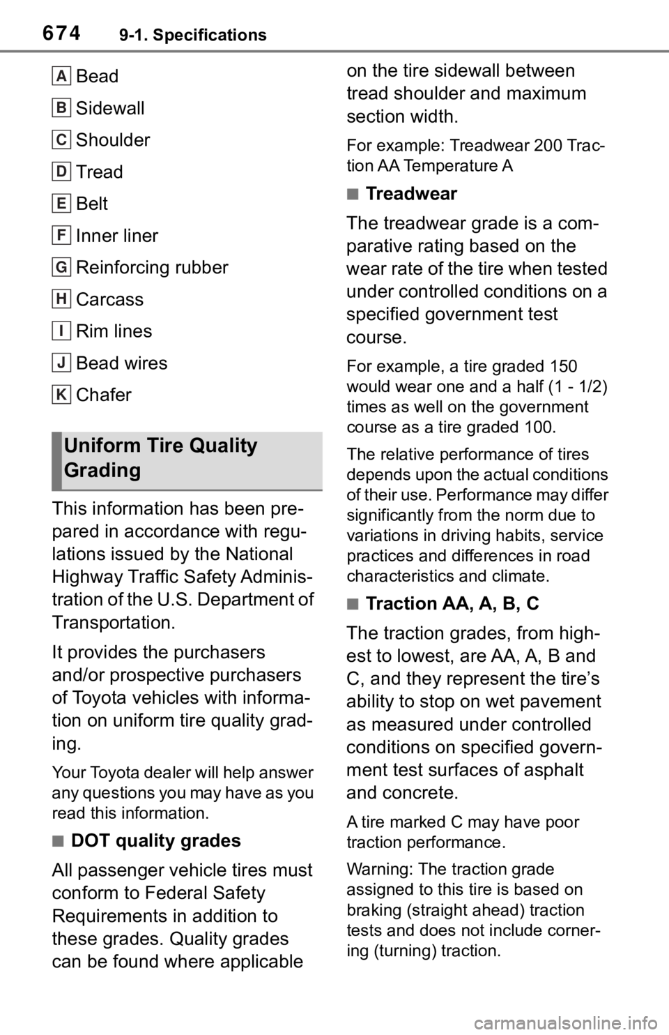 TOYOTA RAV4 2019  Owners Manual (in English) 6749-1. Specifications
Bead
Sidewall
Shoulder
Tread
Belt
Inner liner
Reinforcing rubber
Carcass
Rim lines
Bead wires
Chafer
This information has been pre-
pared in accordance with regu-
lations issued