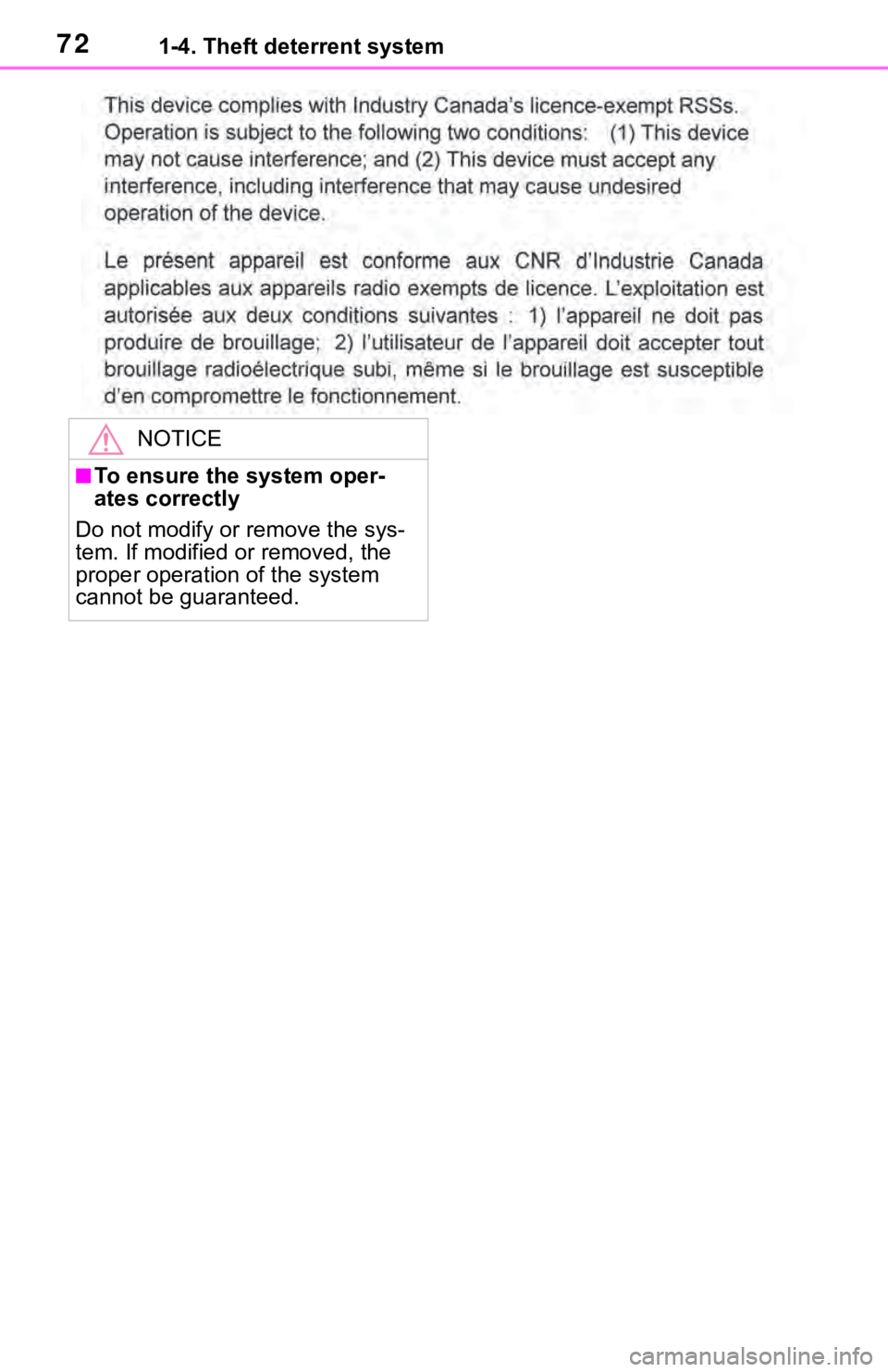 TOYOTA RAV4 2019 (in English) Manual PDF 721-4. Theft deterrent system
NOTICE
■To ensure the system oper-
ates correctly
Do not modify or remove the sys-
tem. If modified or removed, the
proper operation of the system
cannot be guarante TOYOTA RAV4 2019 (in English) Manual PDF 721-4. Theft deterrent system
NOTICE
■To ensure the system oper-
ates correctly
Do not modify or remove the sys-
tem. If modified or removed, the
proper operation of the system
cannot be guarante