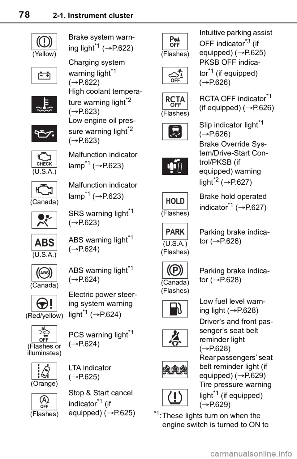 TOYOTA RAV4 2019  Owners Manual (in English) 782-1. Instrument cluster
*1: These lights turn on when the 
engine switch is turned to ON to 
(Yellow)
Brake system warn-
ing light
*1 (  P.622)
Charging system 
warning light
*1 
(  P.622)
Hig