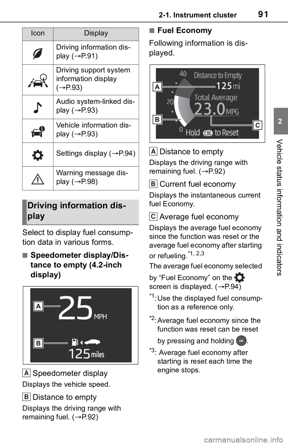 TOYOTA RAV4 2019 Owners Manual (in English) 912-1. Instrument cluster
2
Vehicle status information and indicators
Select to display fuel consump-
tion data in various forms.
■Speedometer display/Dis-
tance to empty (4.2-inch
display)
Speedom TOYOTA RAV4 2019 Owners Manual (in English) 912-1. Instrument cluster
2
Vehicle status information and indicators
Select to display fuel consump-
tion data in various forms.
■Speedometer display/Dis-
tance to empty (4.2-inch
display)
Speedom