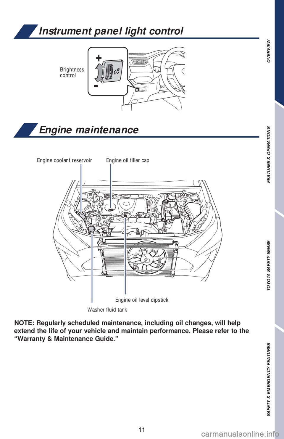 TOYOTA RAV4 2019   (in English) User Guide 11
NOTE: Regularly scheduled maintenance, including  oil changes, will help 
extend the life of your vehicle and maintain performance. Please refer to the 
“Warranty & Maintenance Guide.”
+
-
Brig