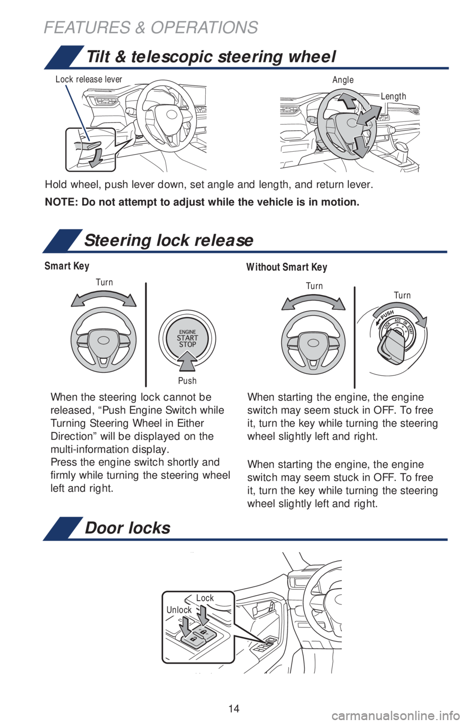 TOYOTA RAV4 2019   (in English) User Guide 14
Smart KeyWithout Smart Key
Steering lock release
Push Turn
Turn
Turn
When the steering lock cannot be 
released, “Push Engine Switch while 
Turning Steering Wheel in Either 
Direction” will be 