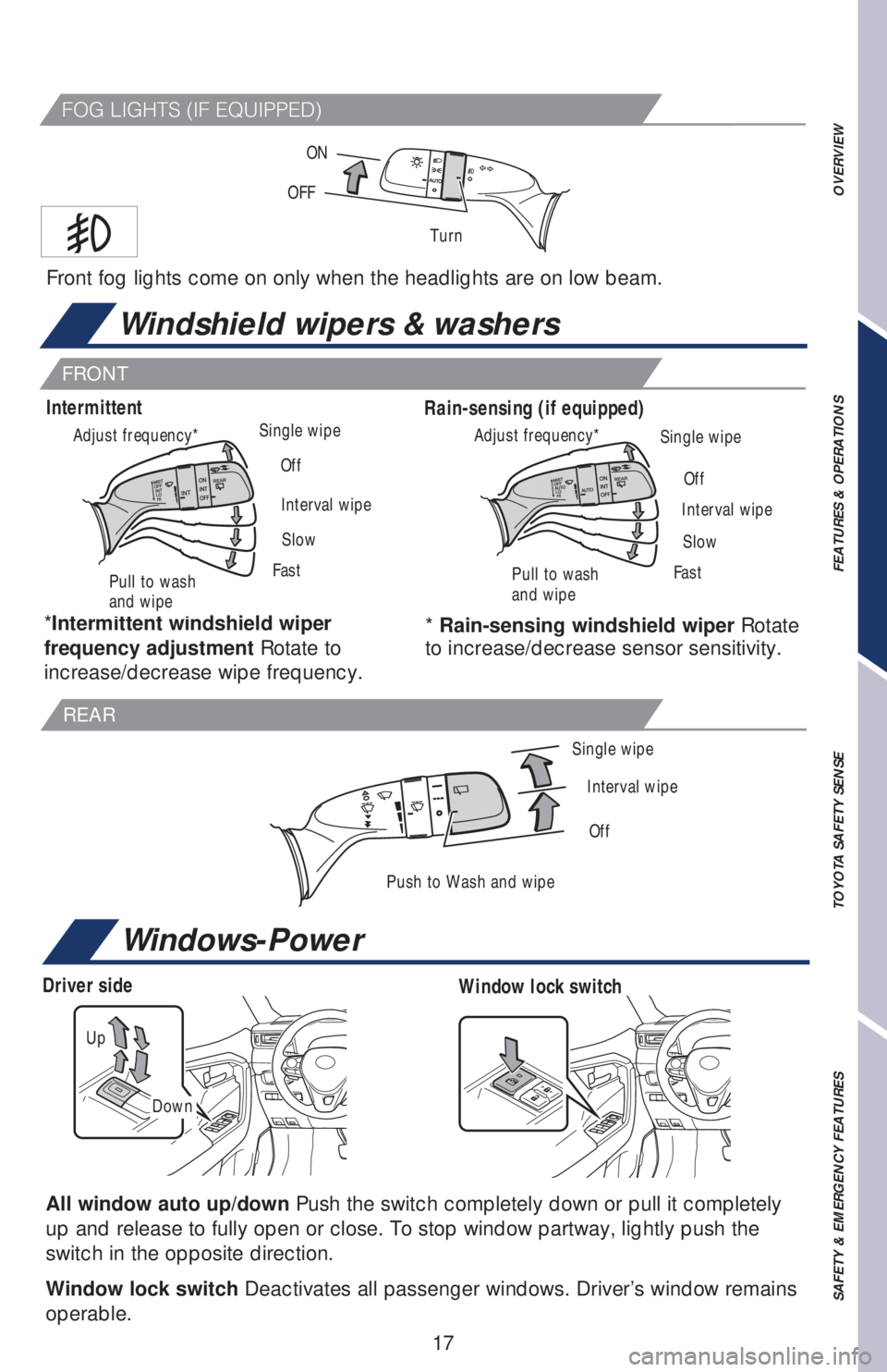TOYOTA RAV4 2019   (in English) User Guide 17
Windows-Power
Windshield wipers & washers
Front fog lights come on only when the headlights are on low beam.
Turn OFFON
FRONT
*Intermittent windshield wiper 
frequency adjustment Rotate to 
increas