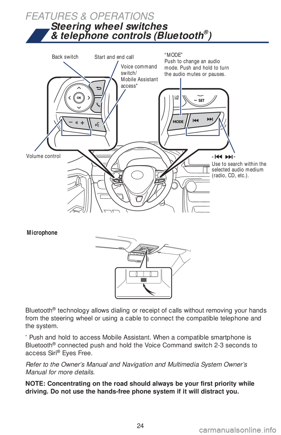 TOYOTA RAV4 2019  Owners Manual (in English) 24
FEATURES & OPERATIONS
Bluetooth® technology allows dialing or receipt of calls without removing your hands 
from the steering wheel or using a cable to connect the compatible telephone and 
the sy