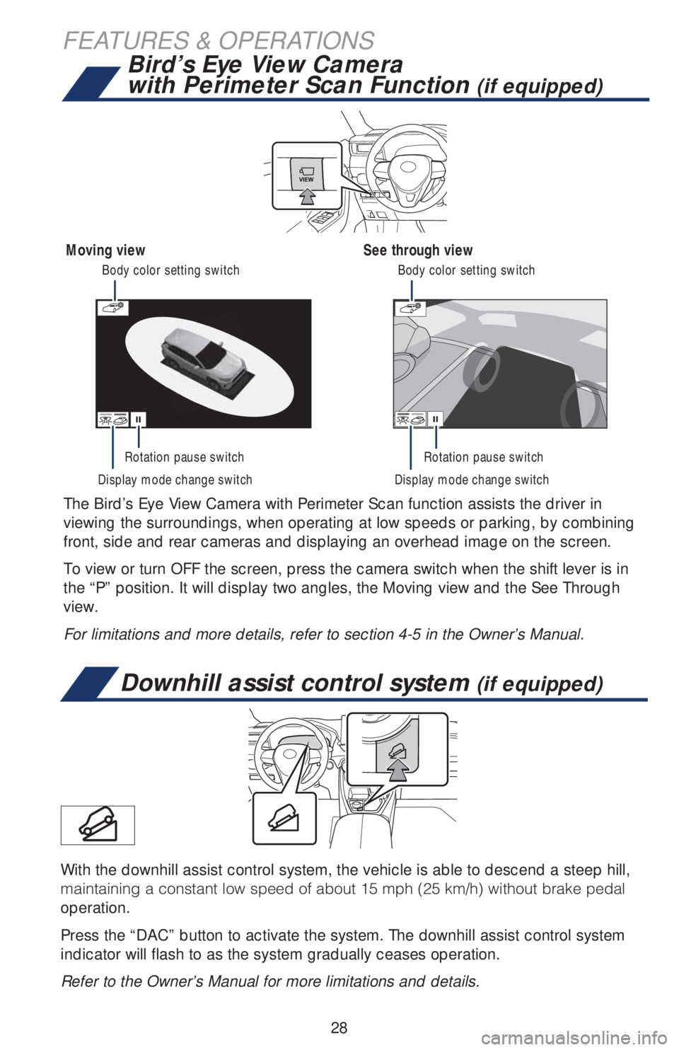 TOYOTA RAV4 2019   (in English) Owners Manual 28
FEATURES & OPERATIONS
The Bird’s Eye View Camera with Perimeter Scan function assists the driver in 
viewing the surroundings, when operating at low speeds or parking, by combining 
front, side a