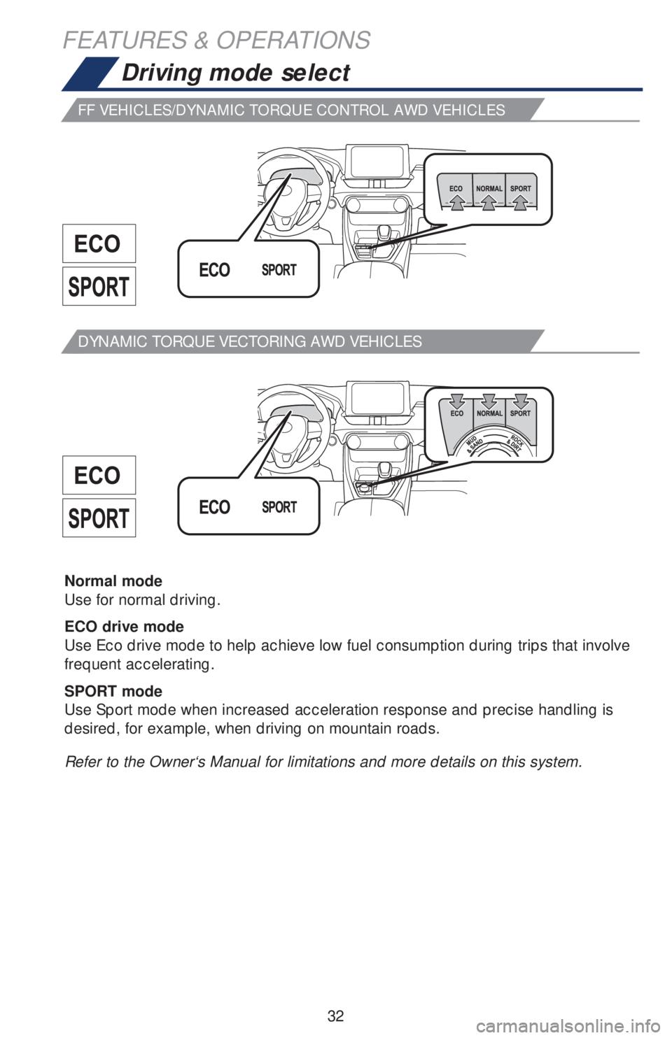 TOYOTA RAV4 2019   (in English) Owners Guide 32
FEATURES & OPERATIONS
Driving mode select
FF VEHICLES/DYNAMIC TORQUE CONTROL AWD VEHICLES
DYNAMIC TORQUE VECTORING AWD VEHICLES
Normal mode
Use for normal driving.
ECO drive mode 
Use Eco drive mod