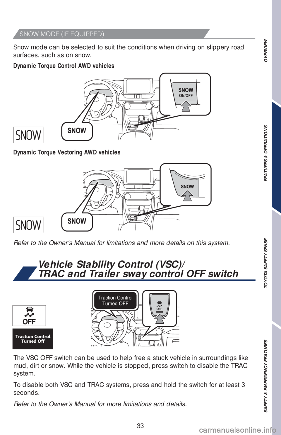 TOYOTA RAV4 2019   (in English) Owners Guide 33
Dynamic Torque Control AWD vehicles Snow mode can be selected to suit the conditions when driving on slippery road 
surfaces, such as on snow.
Refer to the Owner‘s Manual for limitations and more